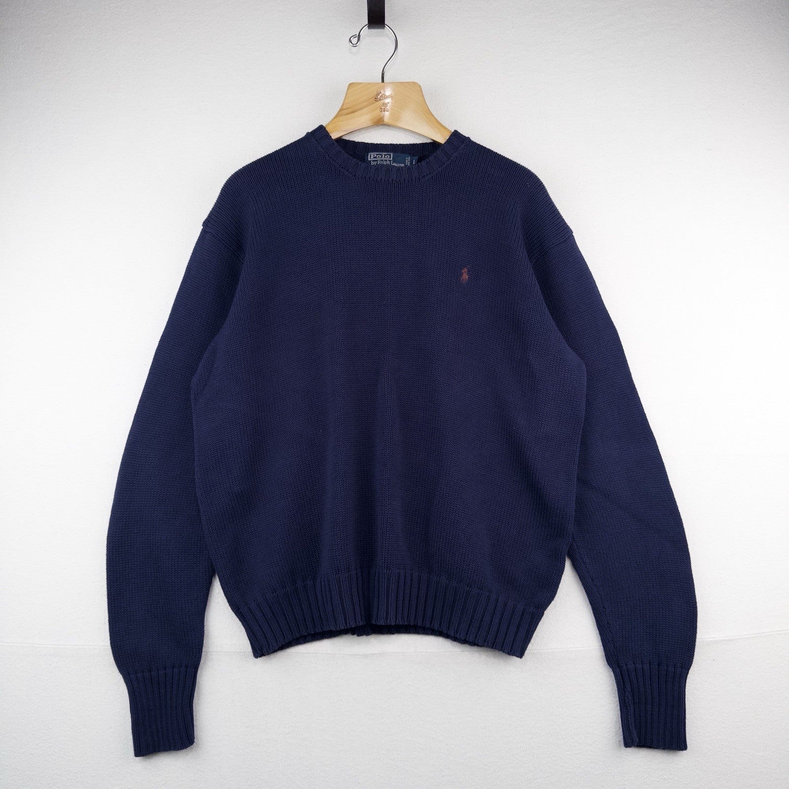 90's Vintage Polo Ralph Lauren Sweater Men's L Navy Blue Knit Crewneck Red Pony