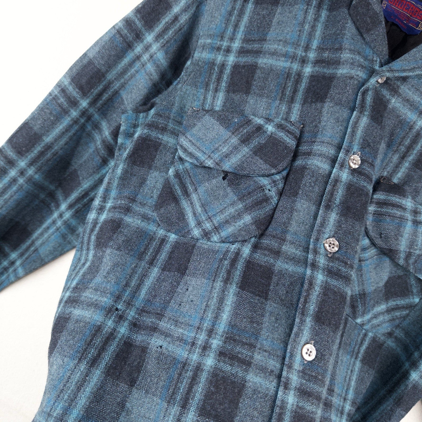 50’s Vtg Ponderosa Virgin Wool Blend Flap Pocket Blue Plaid Flannel Work Shirt