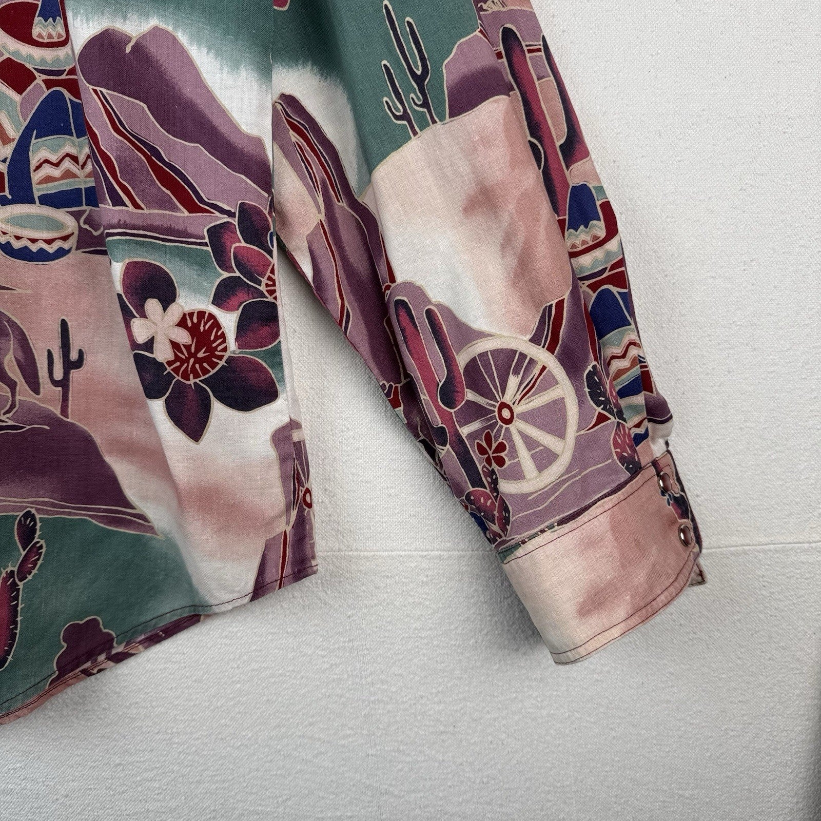 Vintage Southwestern Desert Cowboy Cactus Pearl Snap Shirt Purple Green XL 46”