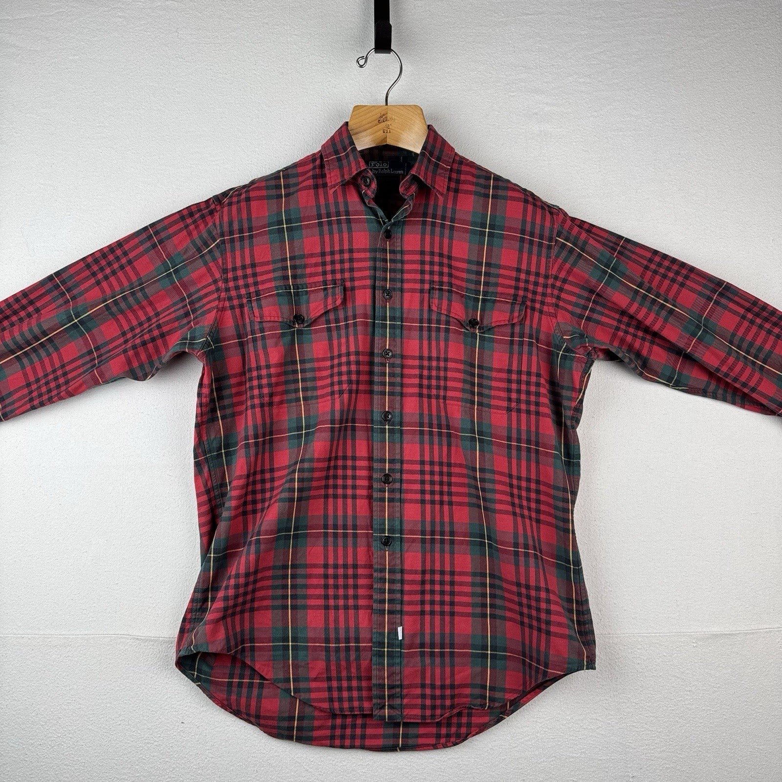 90’s Vtg Polo Ralph Lauren Tartan Plaid Wool Blend Flannel Shirt Men's M Red