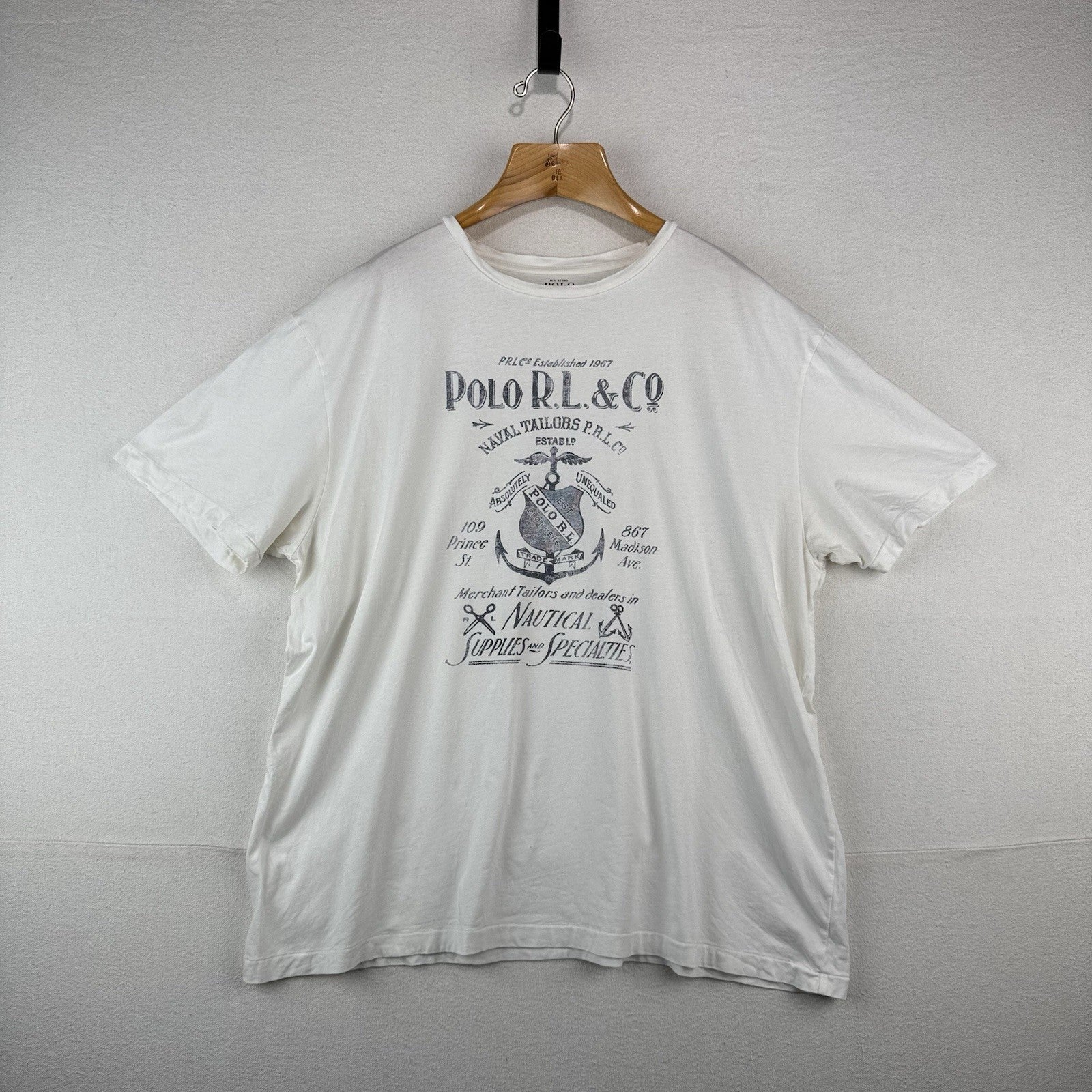 Vtg Polo Ralph Lauren Naval Tailors T-shirt Mens 2XL White Prince St Madison Ave