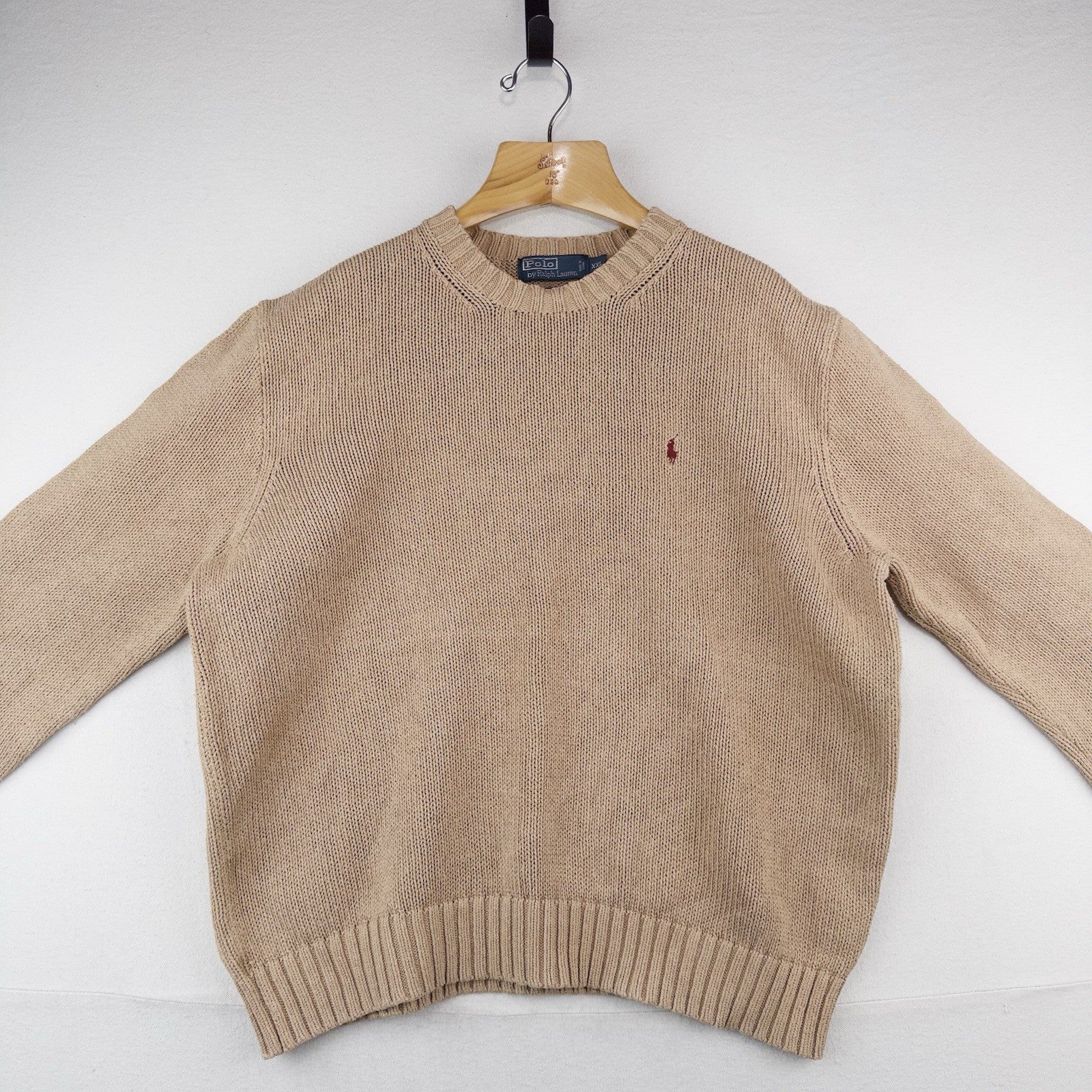 90’s Vintage Polo Ralph Lauren Knit Sweater Mens 2XL Camel Brown Cotton Crewneck