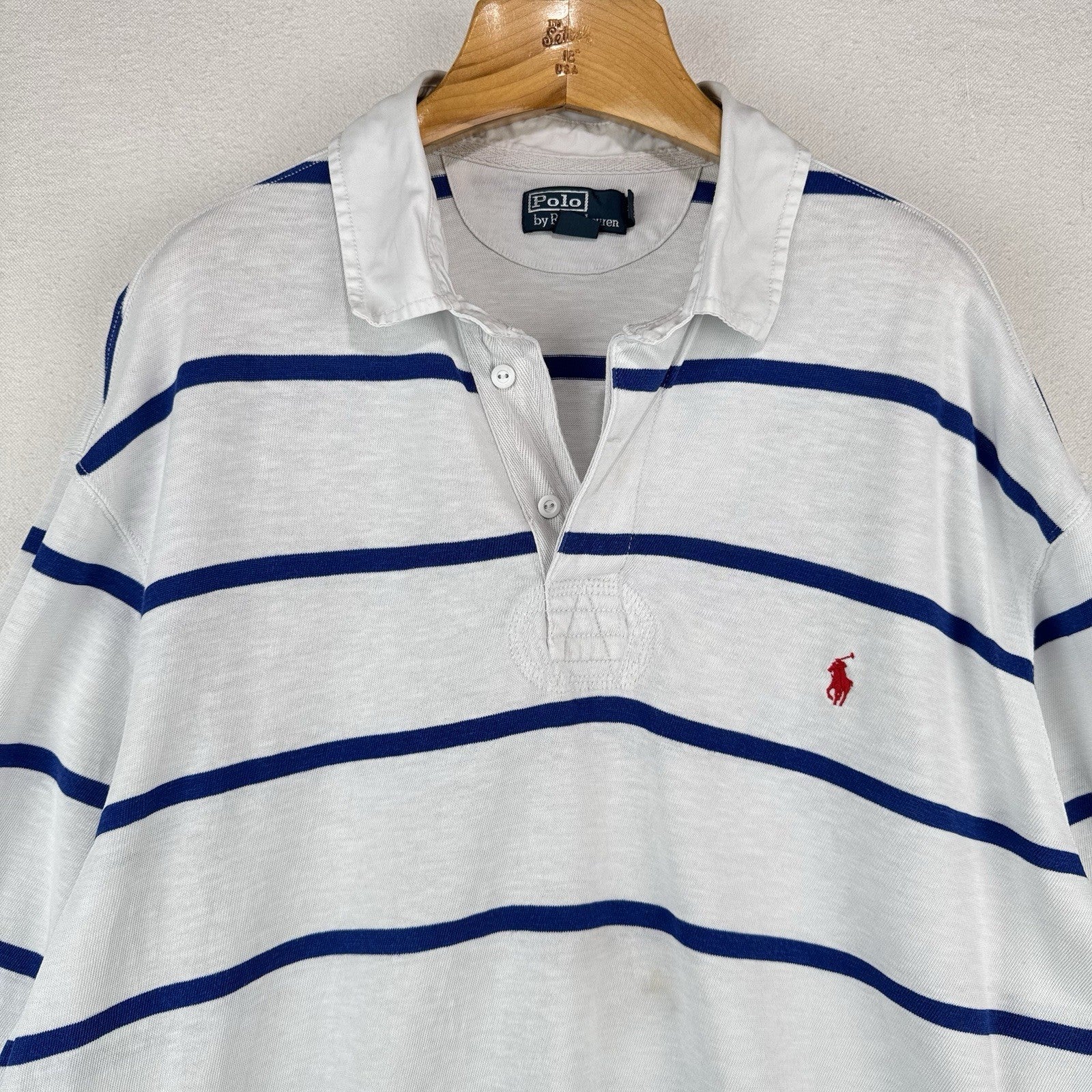 90’s Vtg Polo Ralph Lauren Rugby Shirt Mens 3XLT White Blue Stripe Lightweight