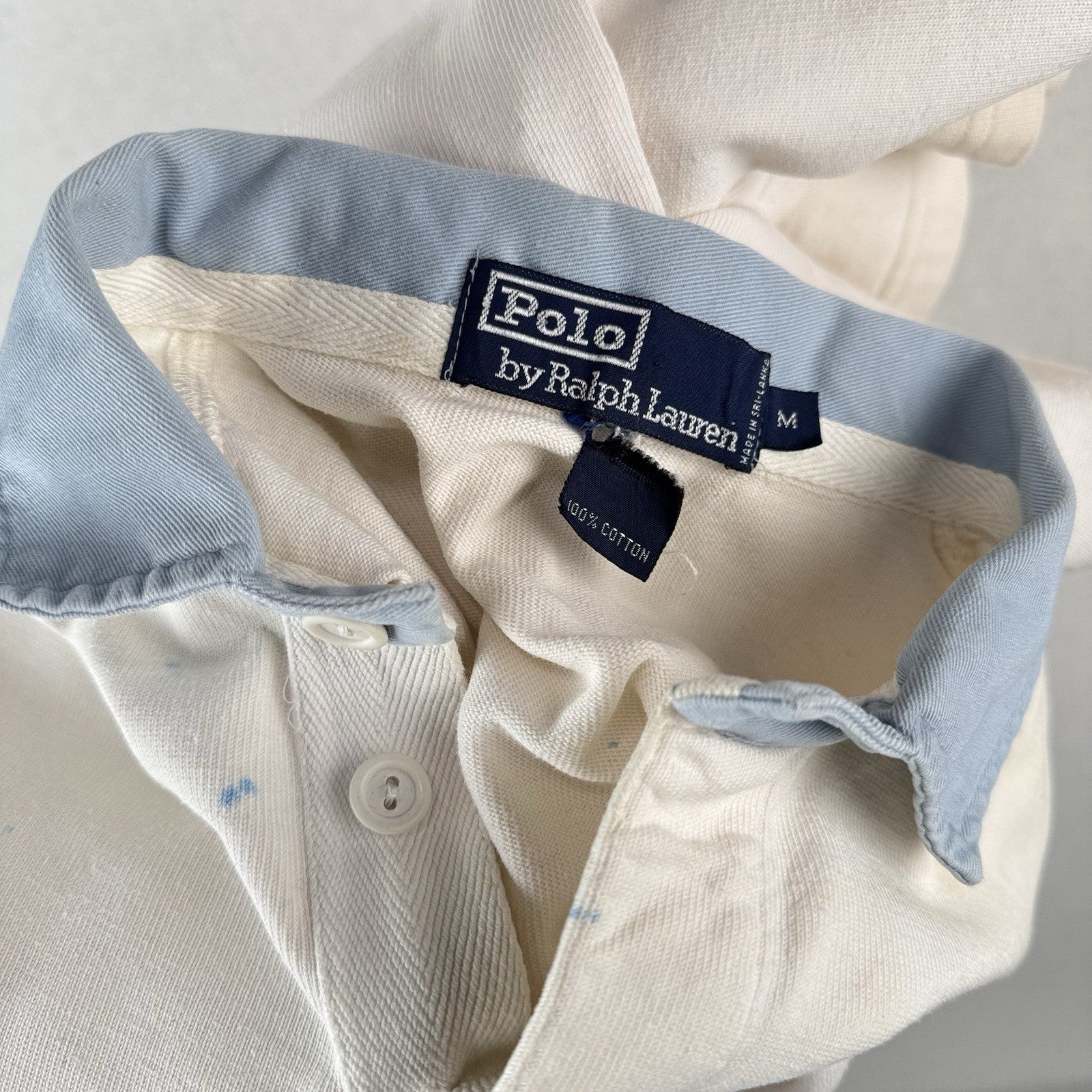 90’s Vtg Polo Ralph Lauren Shirt Men’s M Ink Splatter Rugby White Denim Collar