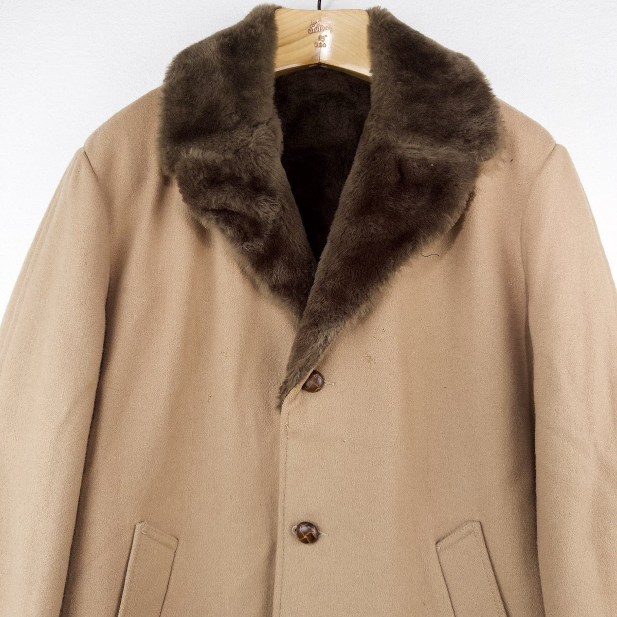 70’s Vtg Wool Men’s L/XL 44 Car Coat Overcoat Camel Brown Faux Fur Lining Collar