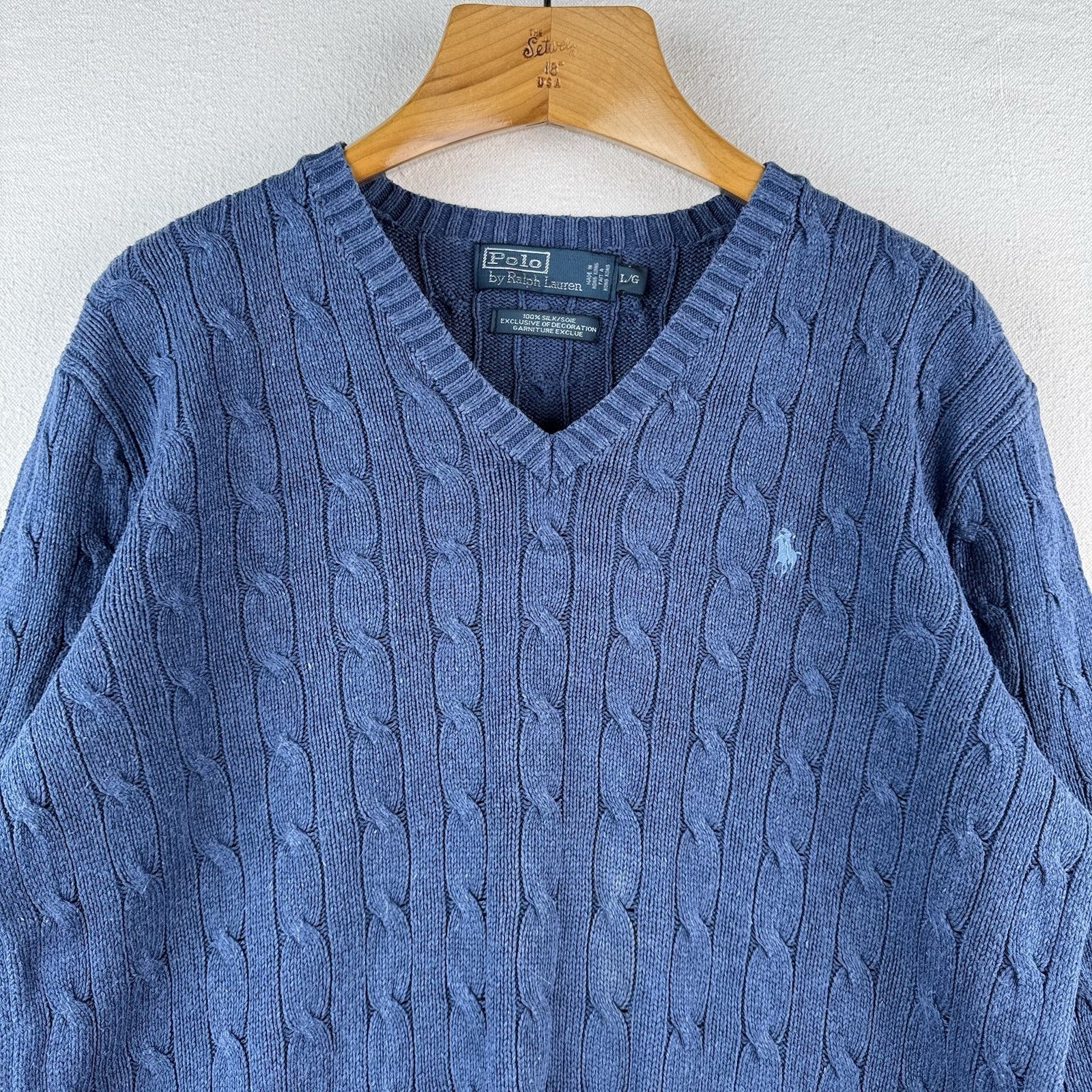 Vintage Polo Ralph Lauren 100% Silk Sweater Mens Large Blue Cable Knit V Neck