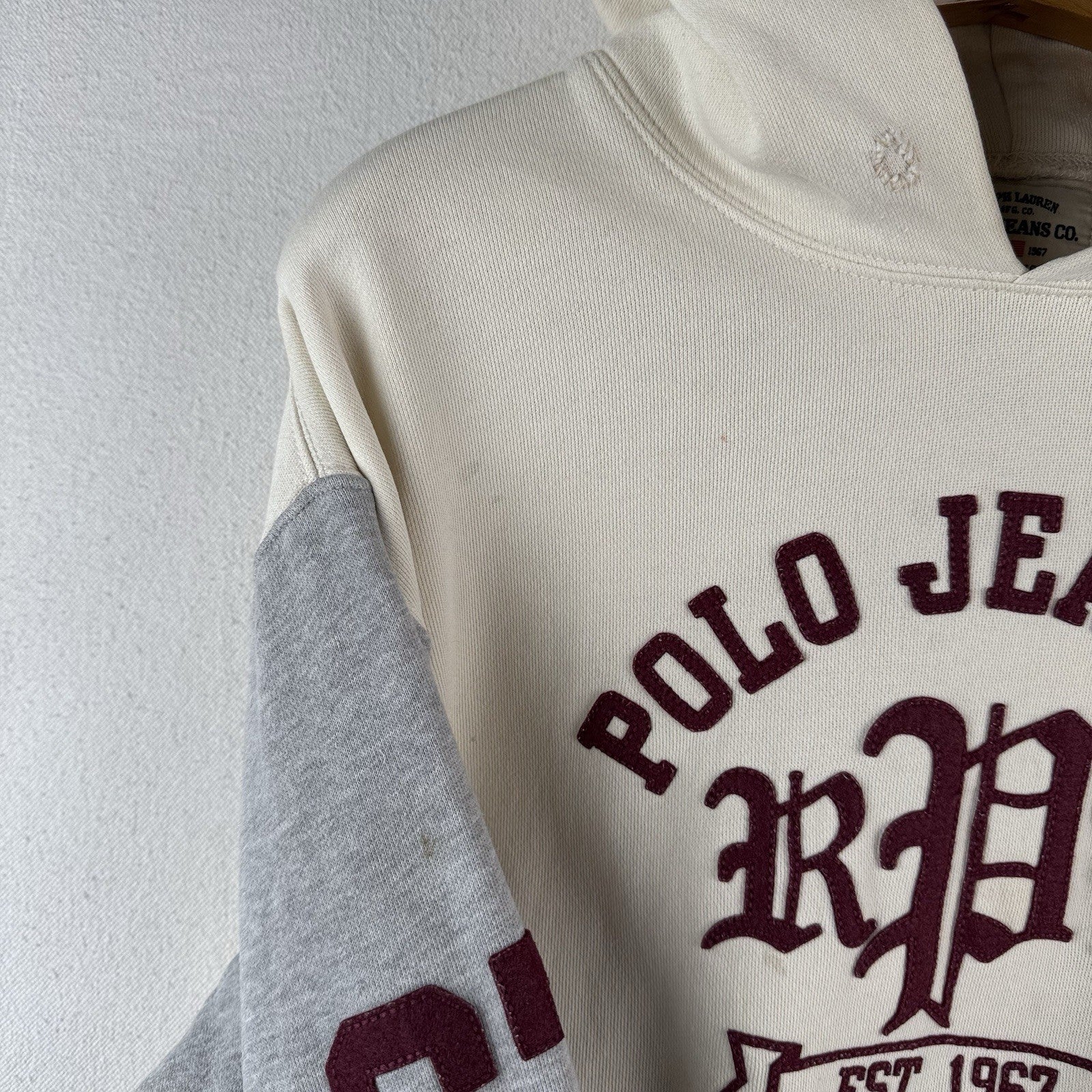 Vtg Polo Jeans Co Ralph Lauren Applique Cream Maroon Men’s Large Cropped to 17”