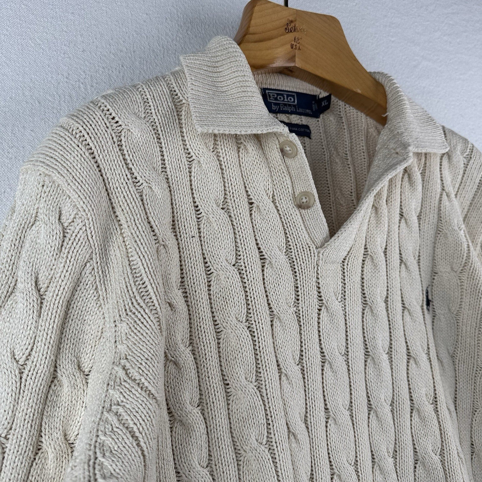 Vintage Polo Ralph Lauren Mens XL Cream Collared Cable Knit Sweater Pima Cotton