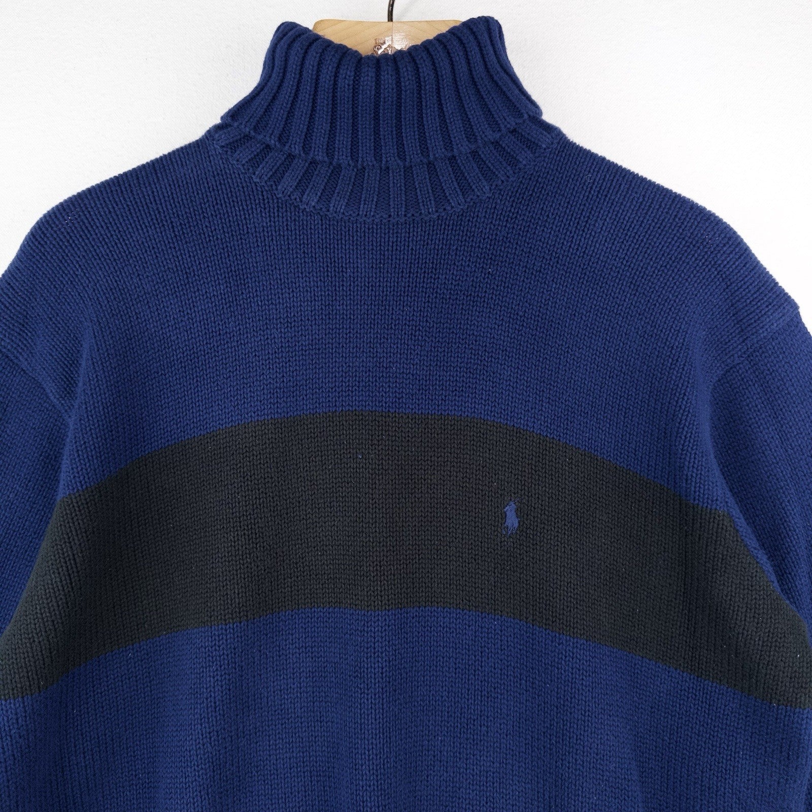 90’s Vtg Polo Ralph Lauren Turtleneck Cotton Sweater Men M Blue Black Stripe