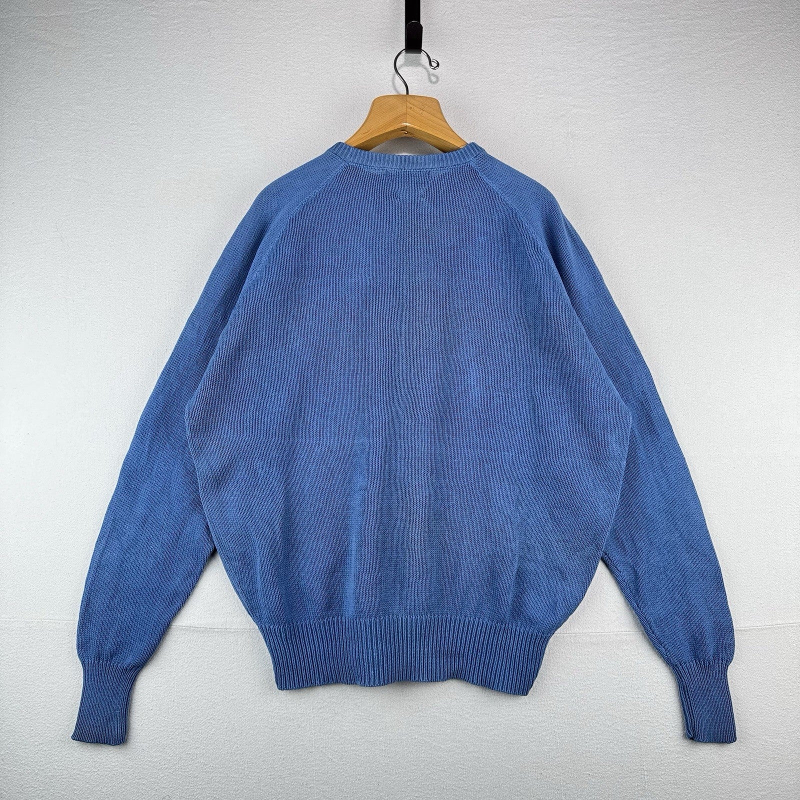 90s Vtg Polo Ralph Lauren Men’s L Cookie Sweater Patch Embroidered Raglan Blue