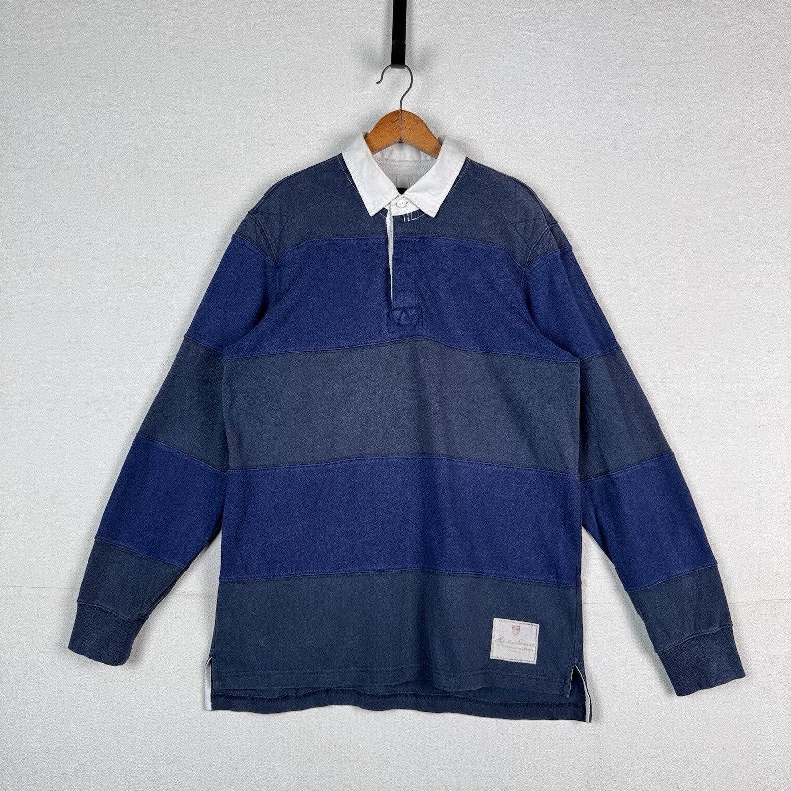 Eddie Bauer Mens Large Blue Striped Collared Rugby Polo Long Sleeve *Read