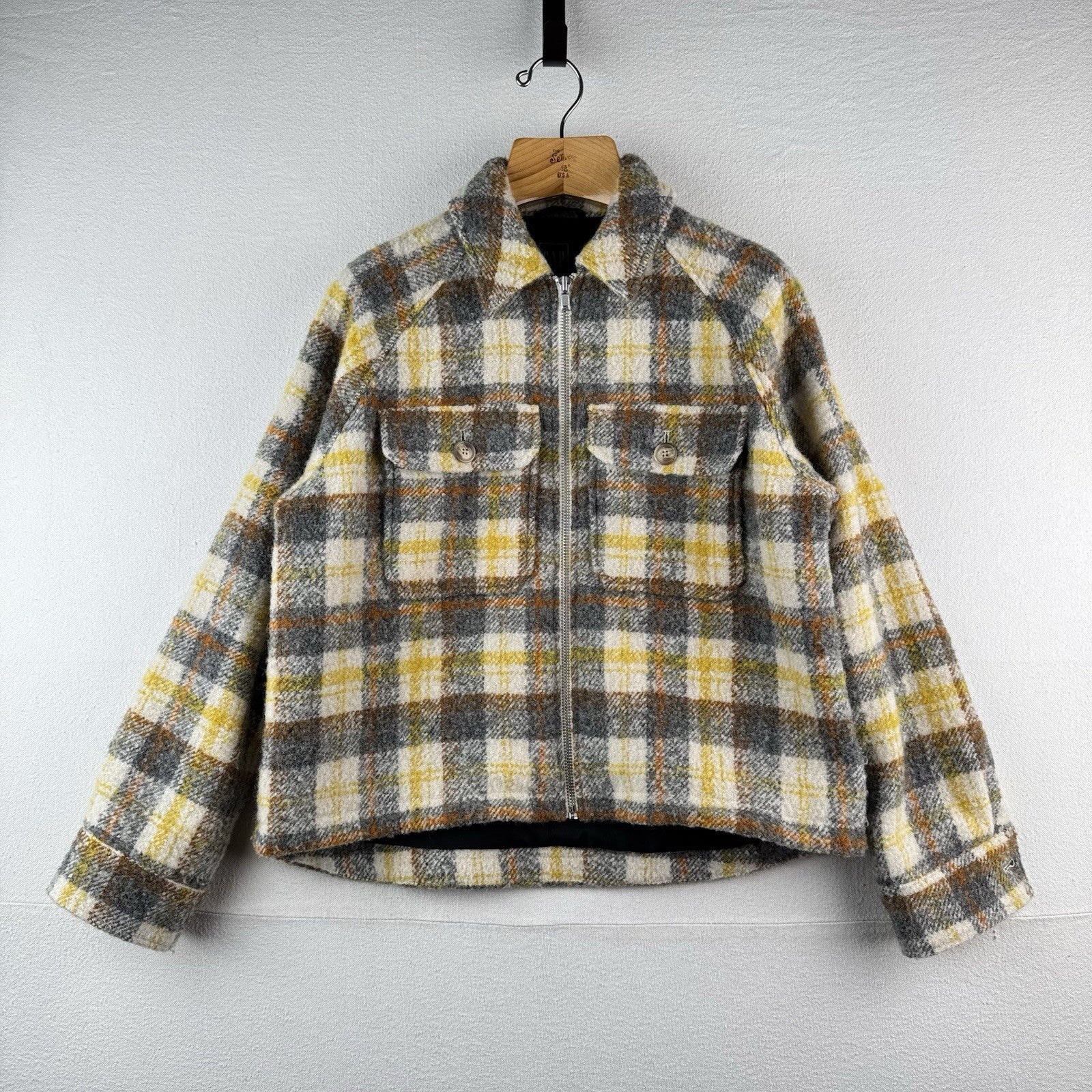 GAP Wool Trucker Jacket Women’s M Yellow Plaid Full Zip Boxy Chore Shirt