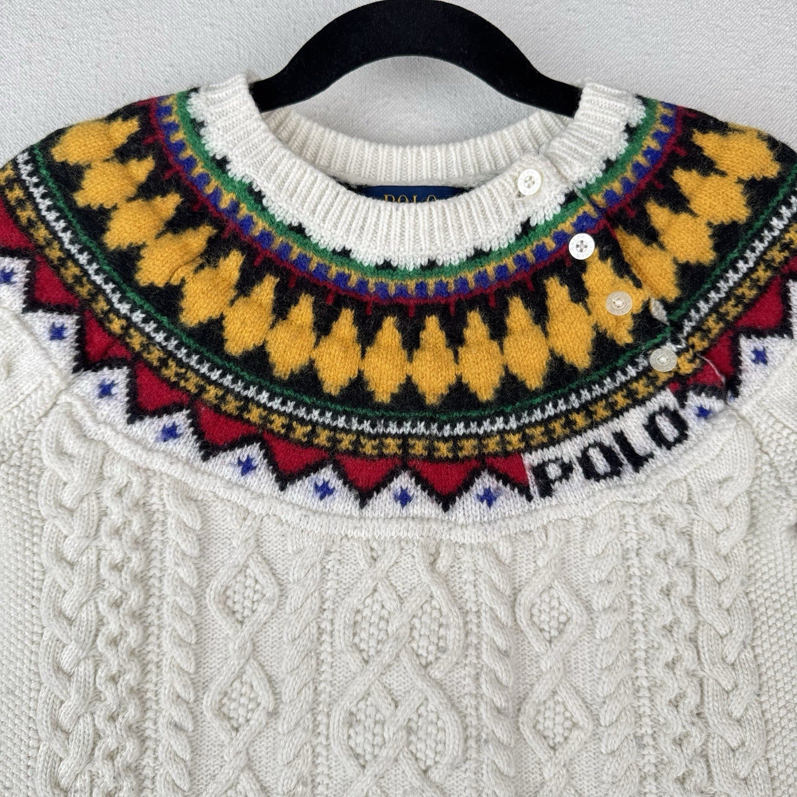 Polo Ralph Lauren Girl’s Small (7) Fair Isle Aran Knit Sweater Cream Colorful