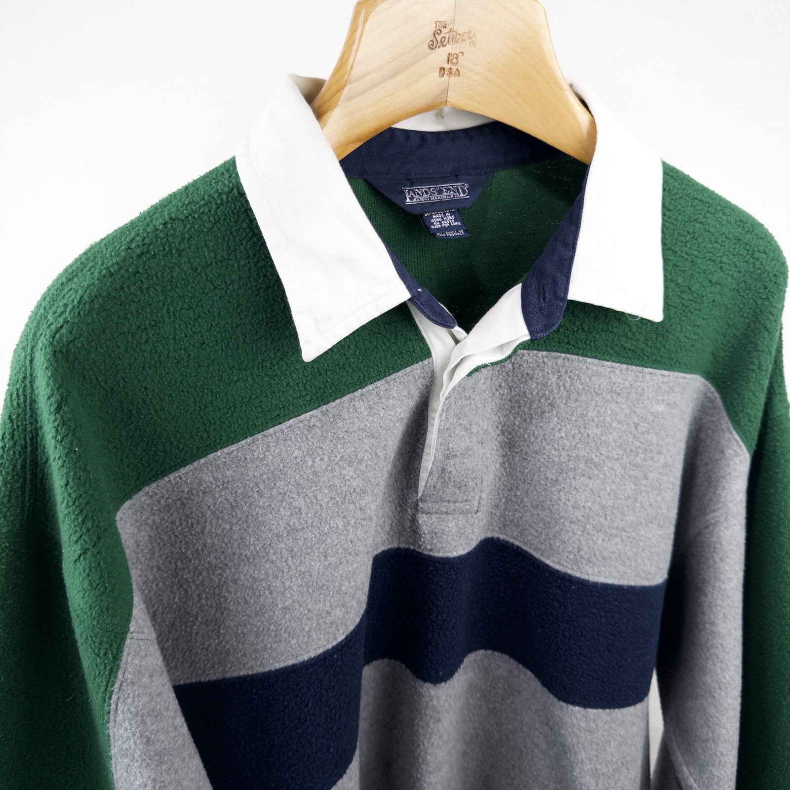 90’s Vtg Lands End Direct Merchants Men’s L Fleece Rugby Blue Green Gray