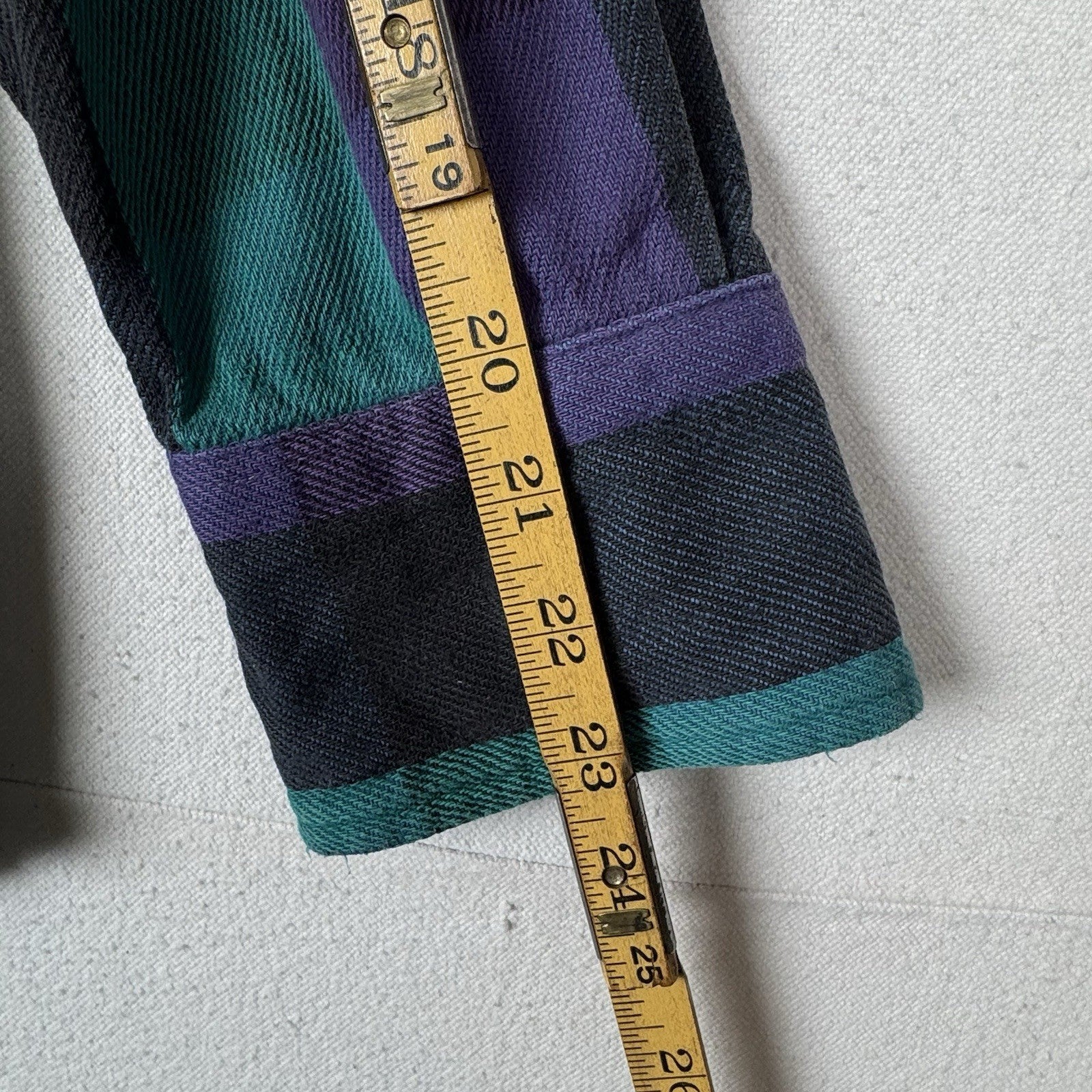 Vtg Wrangler Striped Mens L 16.5x33 Shirt Black Purple Teal Western X-Long Tails