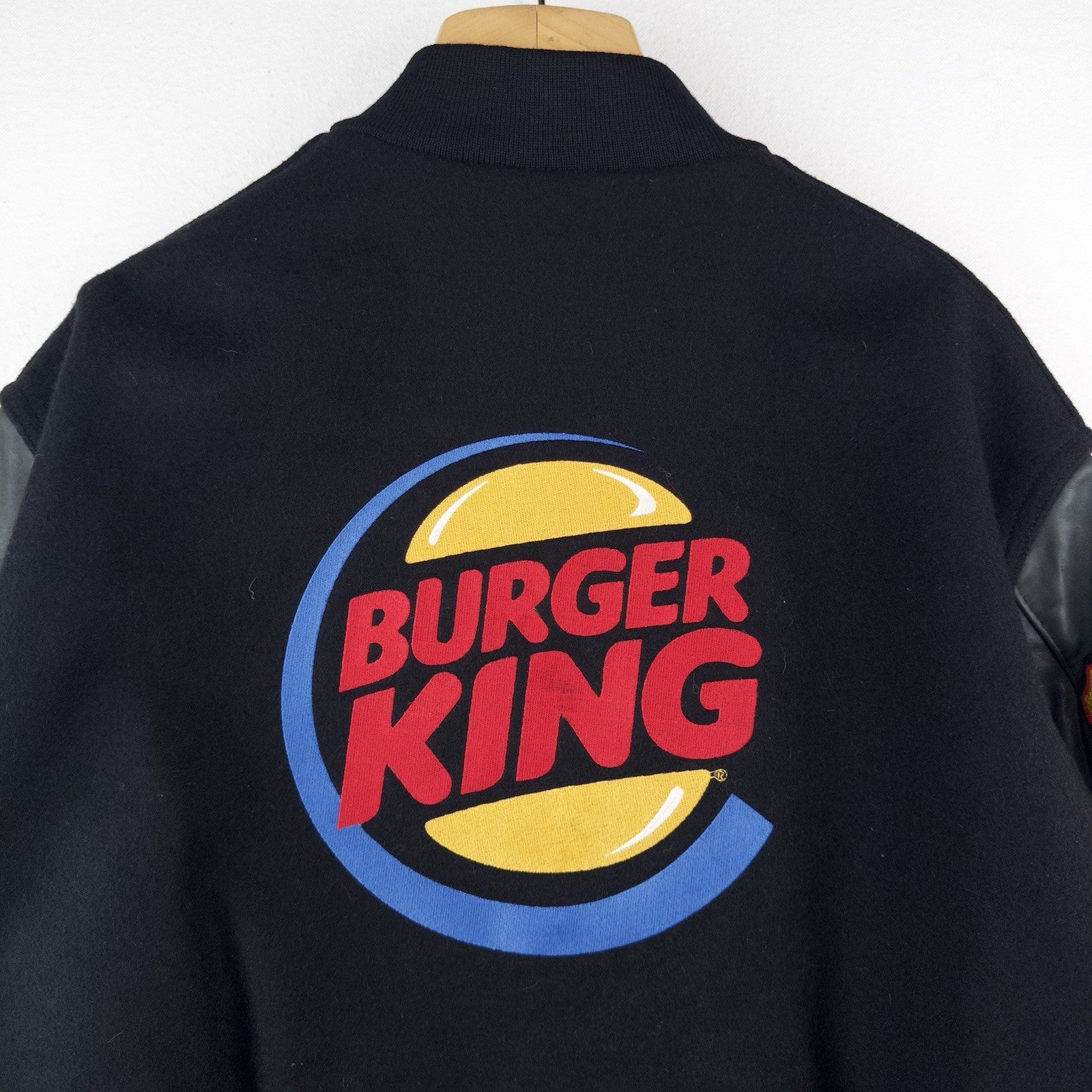 1984 Burger King Varsity Jacket Black Snap Front XL Wool Leather Sleeves USA