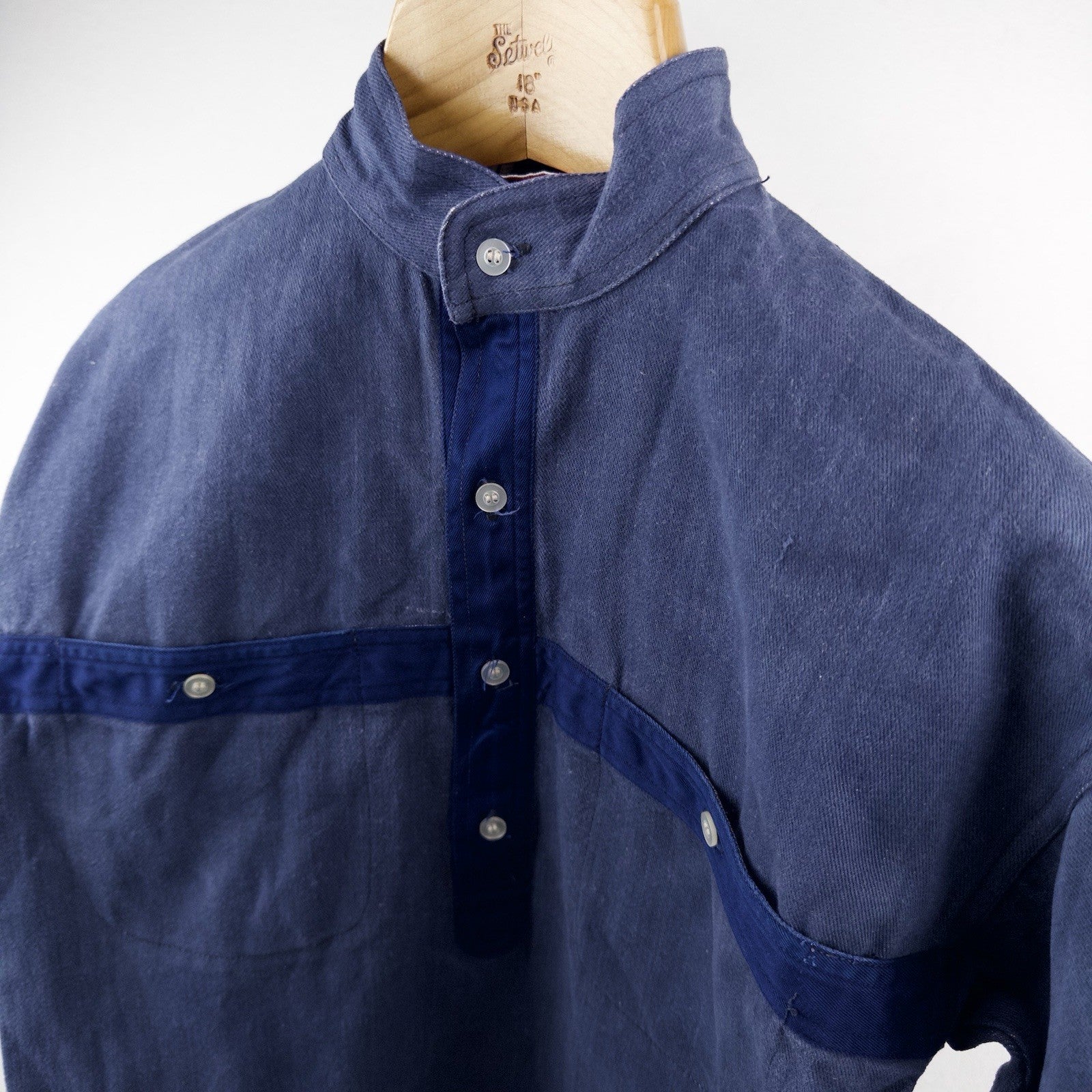 80’s Vtg Chinawear Popover Indigo Denim Work Shirt Long Sleeve Unisex Small (34)