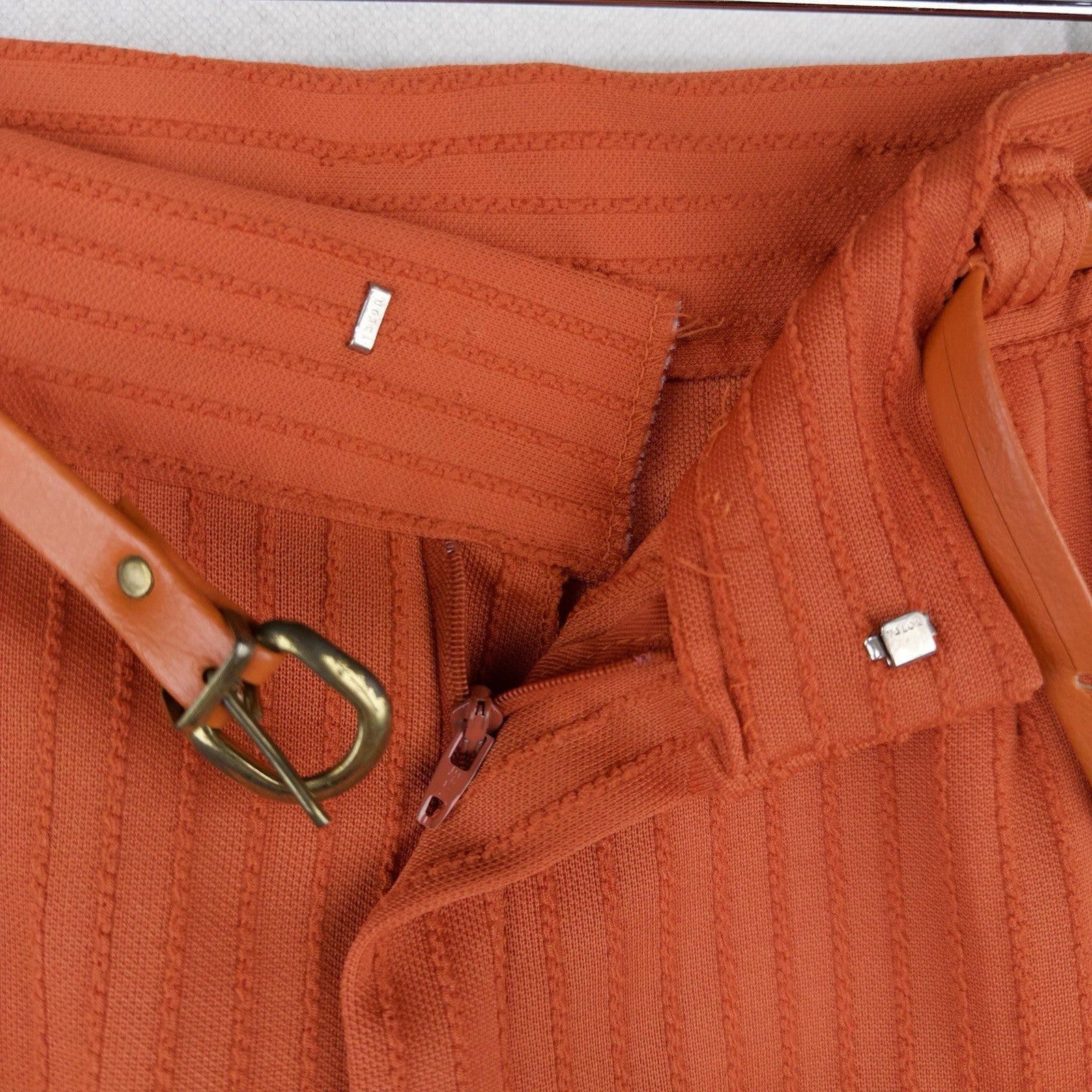 70’s Vtg High Waisted Belted Wide Leg Pant Pinstripe Texture Small 27x27 Orange
