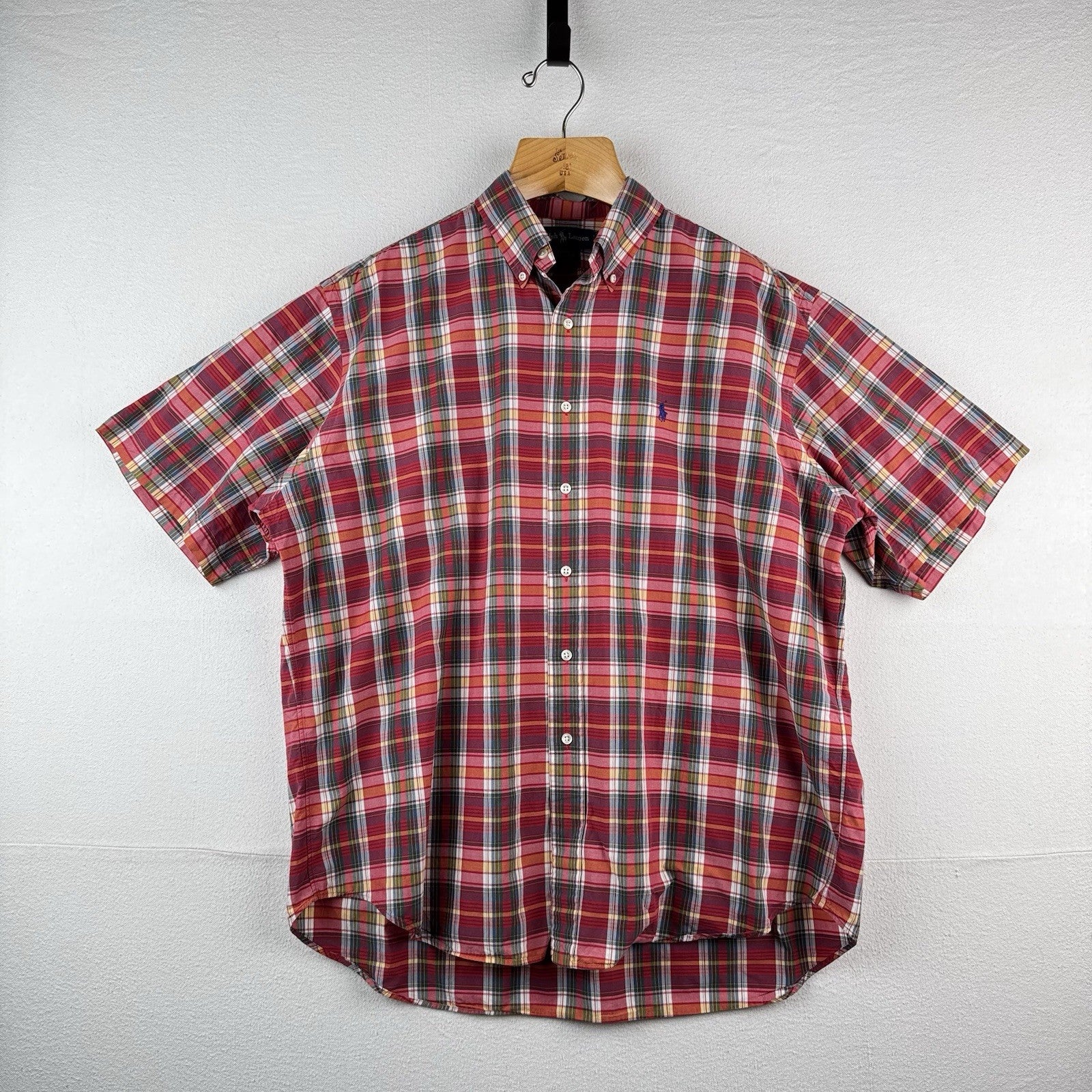 Ralph Lauren Mens XL Blake Short Sleeve Madras Plaid Polo Button Down Shirt