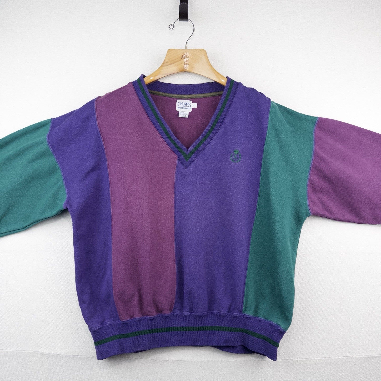 90’s Vtg Chaps Ralph Lauren Men’s L Color Block V-Neck Sweatshirt Sweater