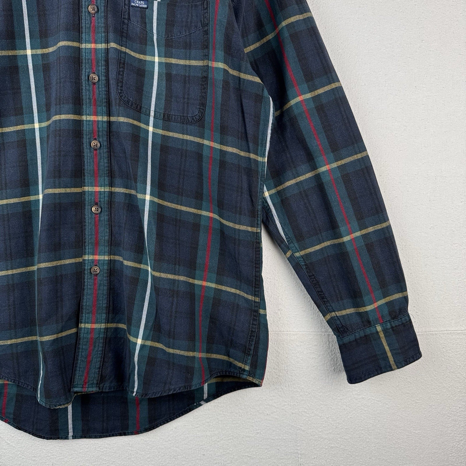 90’s Vtg Chaps Ralph Lauren Men’s M Blue Tartan Plaid Denim Collar Shirt