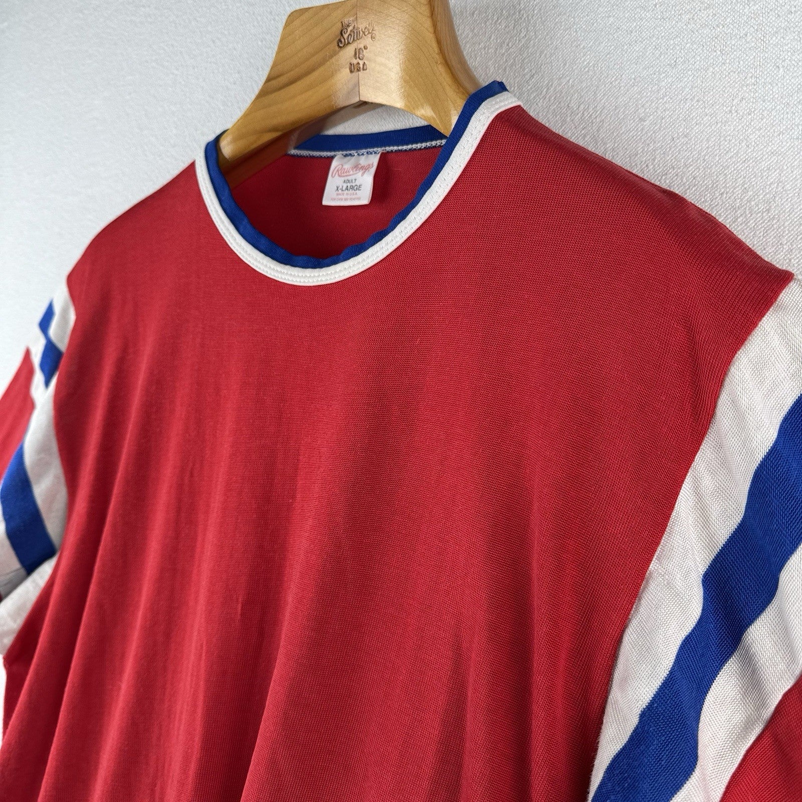 60’s Vtg Rawlings Jersey Ringer Shirt Stripe Red White Blue XL Rayon Made USA