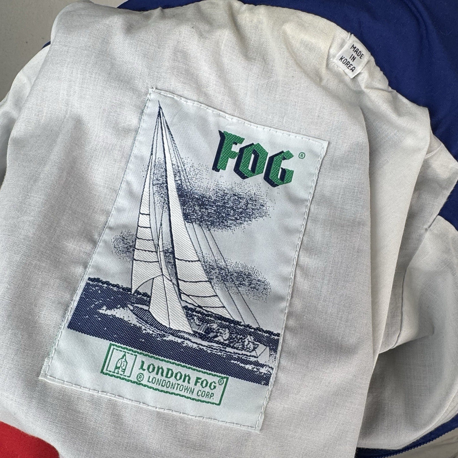 Vtg 90’s London Fog Blue Color Block Wind Jacket Nautical Stowaway Hood Men’s M
