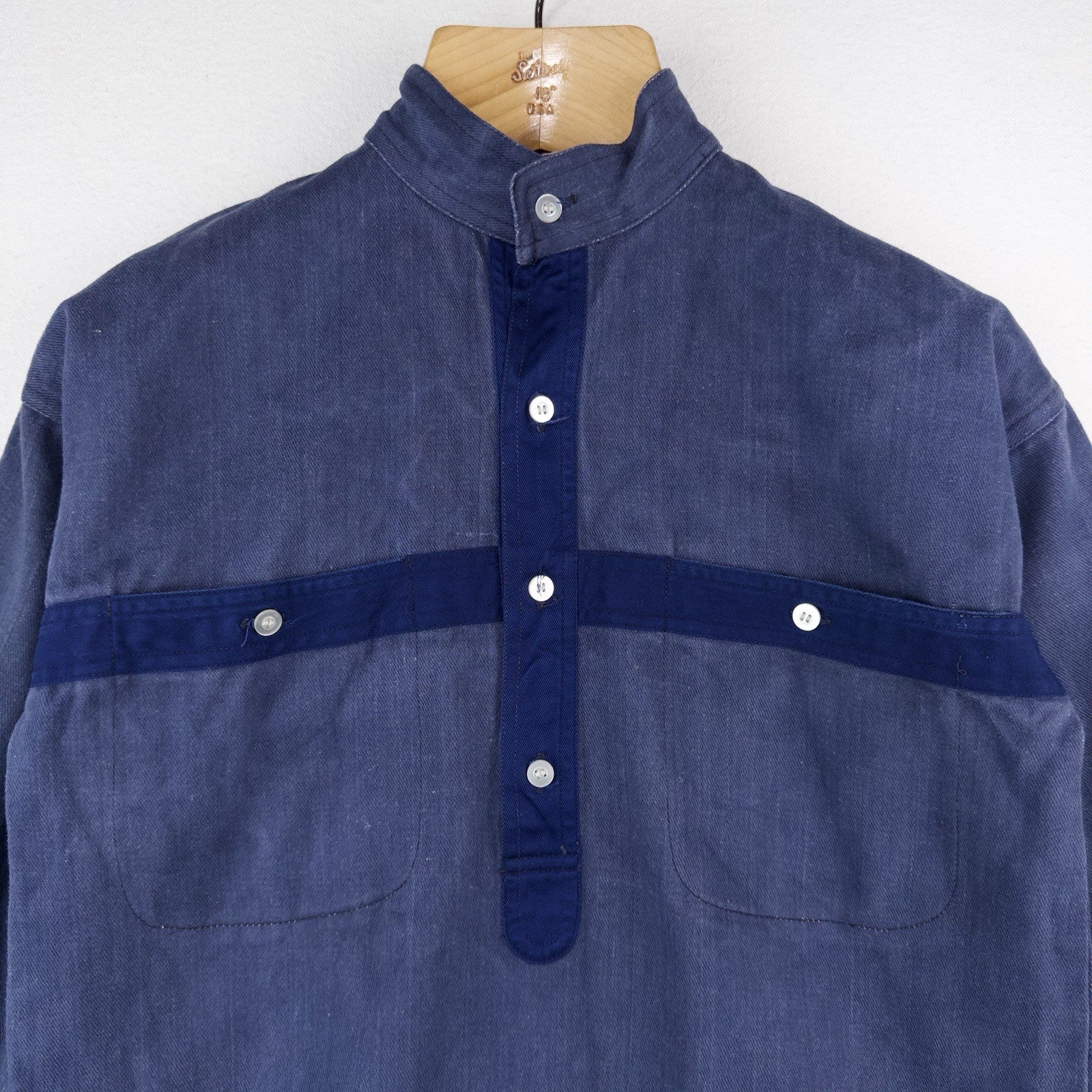 80’s Vtg Chinawear Popover Indigo Denim Work Shirt Long Sleeve Unisex Small (34)