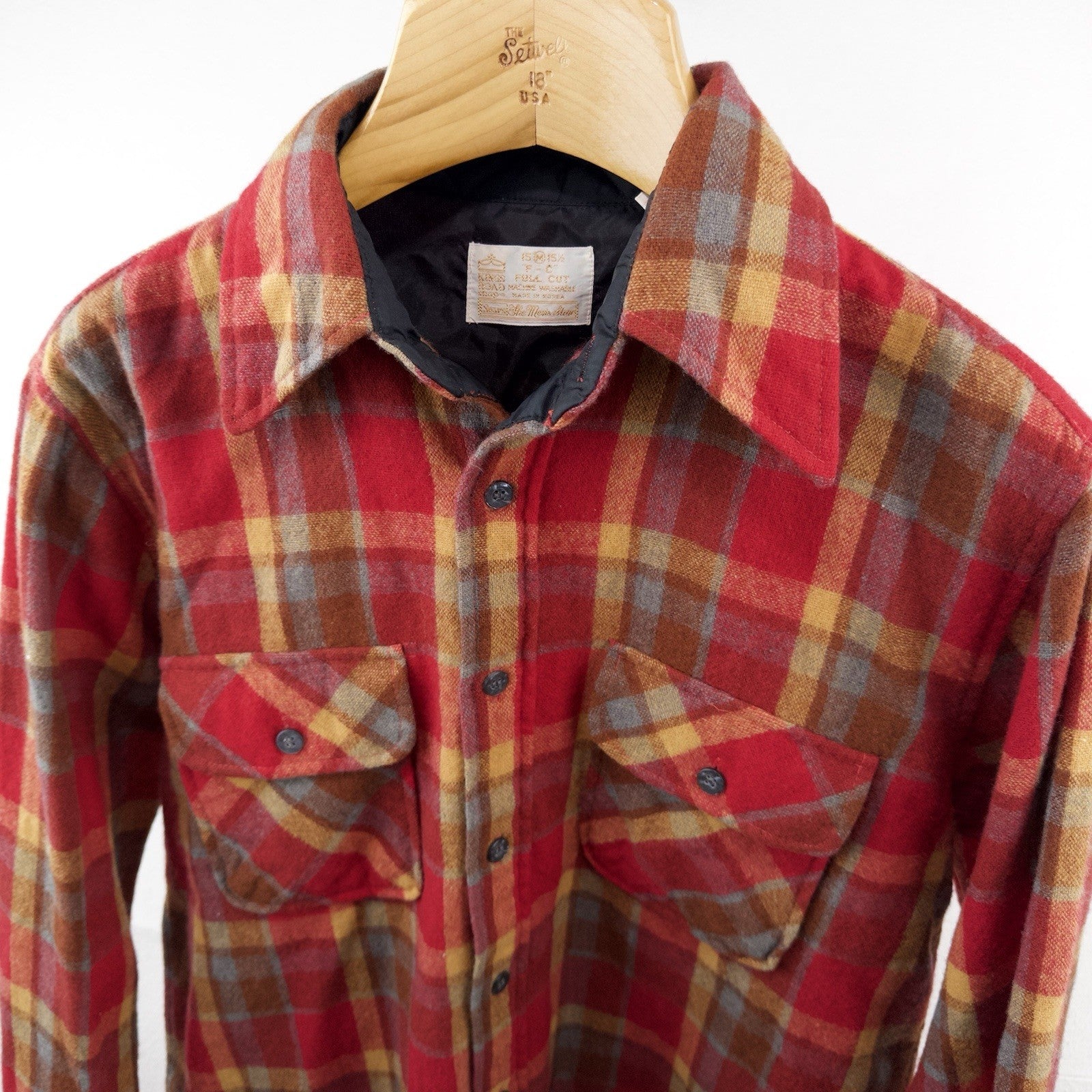 60’s Vtg Kings Road Sears Men’s M Full Cut Flannel Shirt Wool Red Yellow Plaid