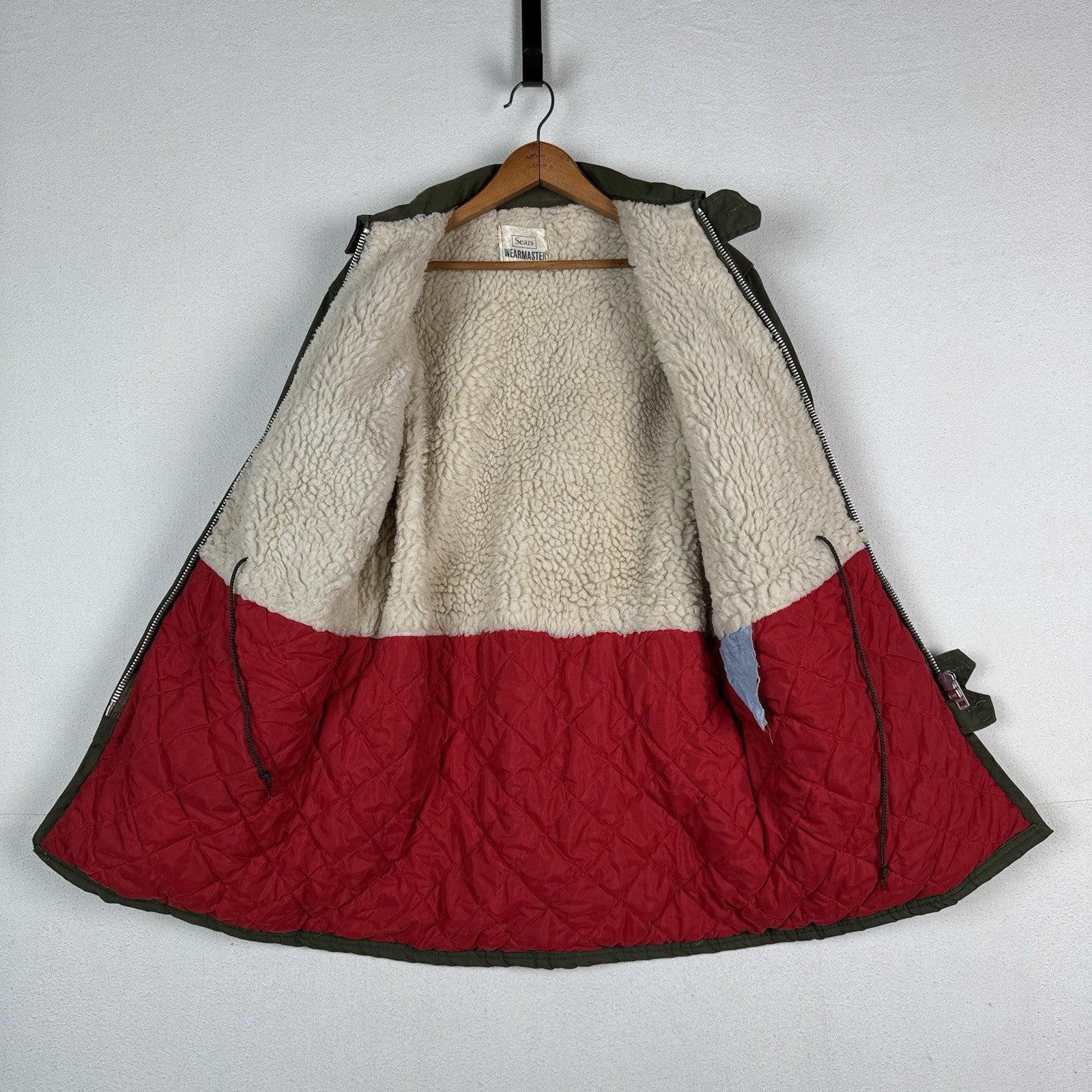 Vintage 60s 70s Sears Wearmaster Green Military Car Coat Parka Fits Chest 42”