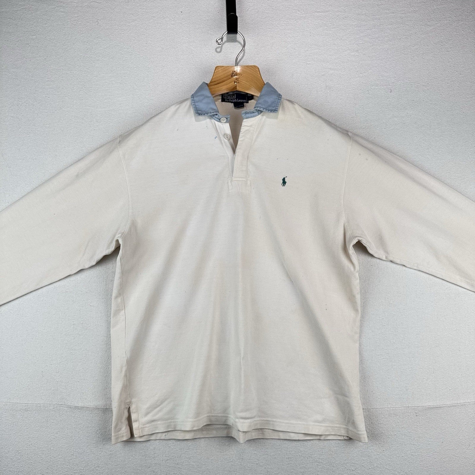 90’s Vtg Polo Ralph Lauren Shirt Men’s M Ink Splatter Rugby White Denim Collar