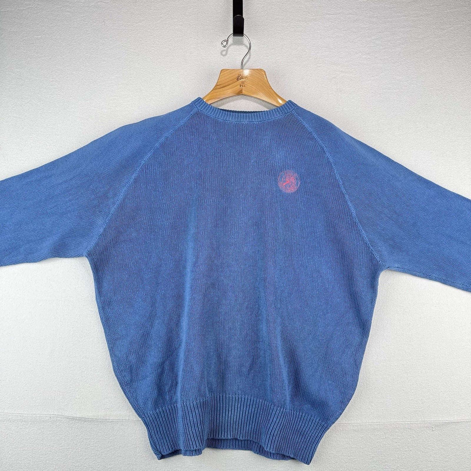 90s Vtg Polo Ralph Lauren Men’s L Cookie Sweater Patch Embroidered Raglan Blue