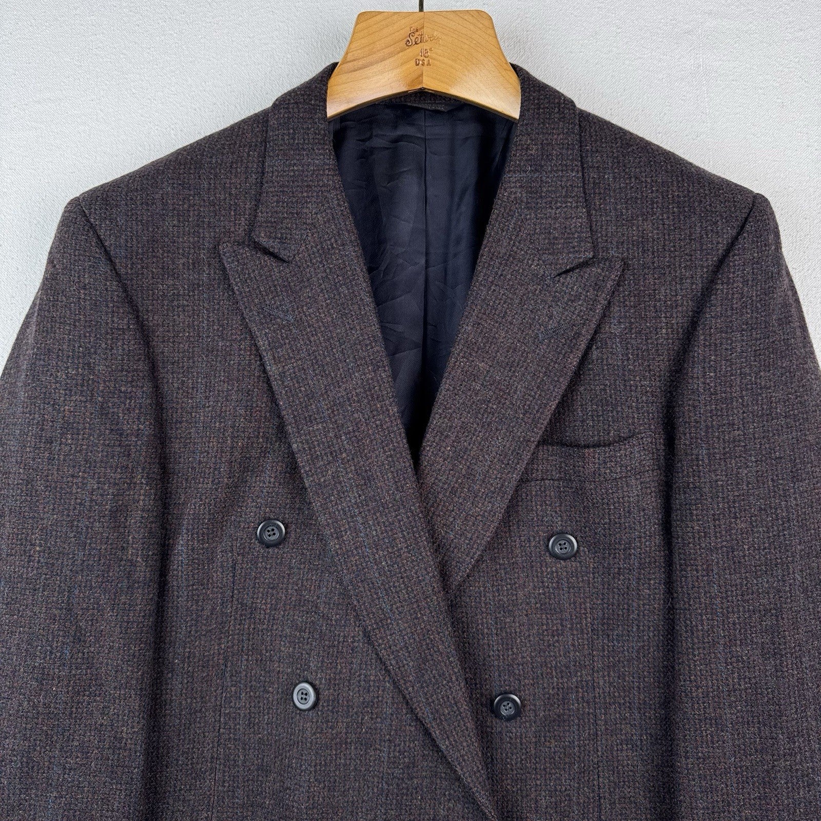 Vintage Kuppenheimer 42R Relaxed Brown Blue Tweed Double Breasted Wool USA