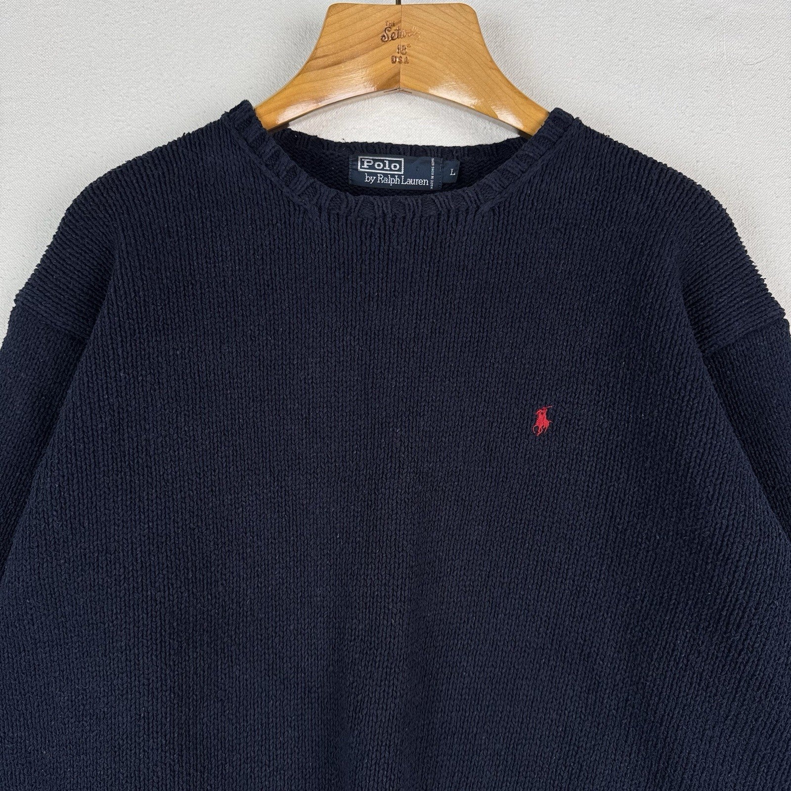 90’s Vintage Polo Ralph Lauren Sweater Men L Navy Blue Knit Pullover Red Logo