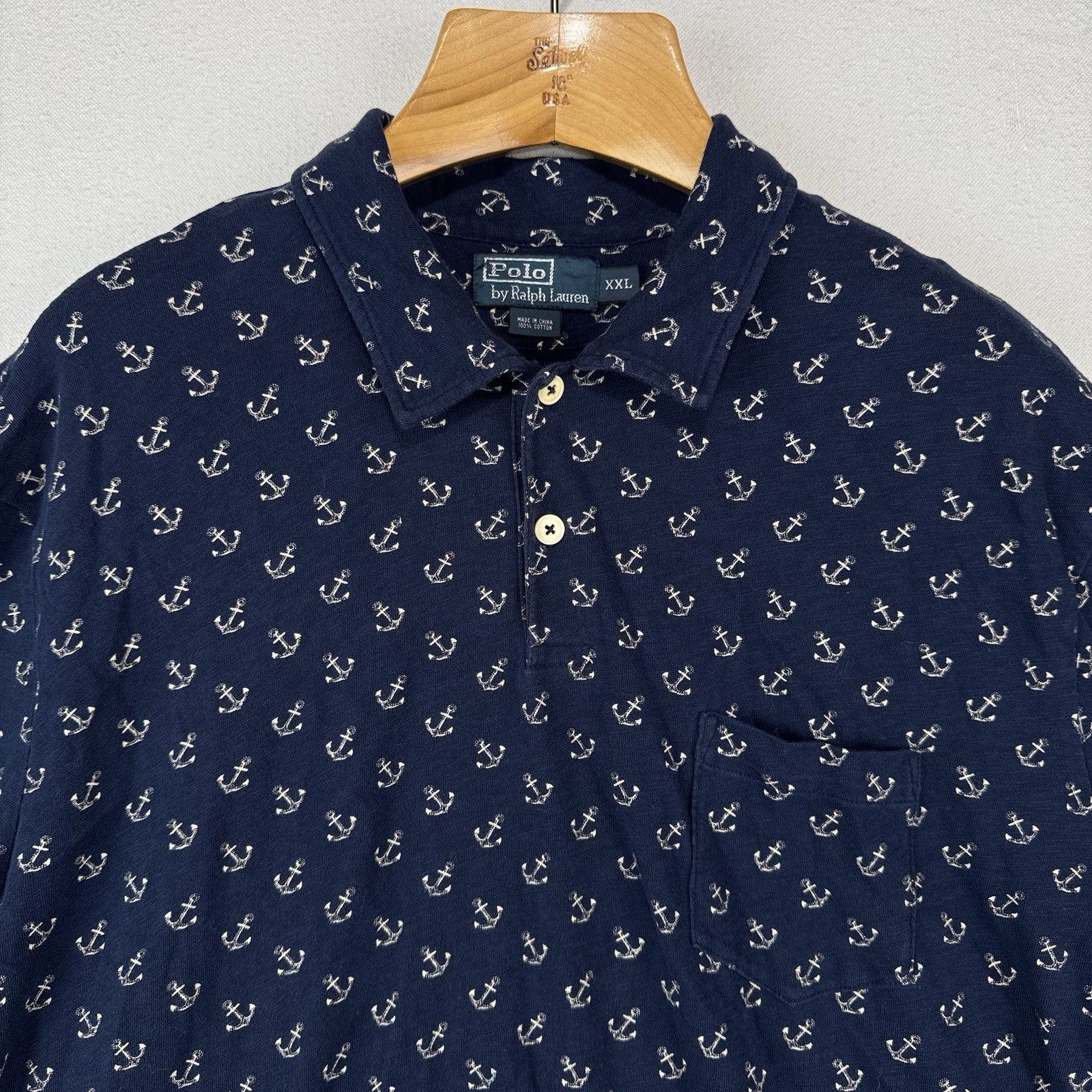 90’s Vtg Polo Ralph Lauren Men's 2XL Blue Anchor Nautical Short Sleeve Shirt