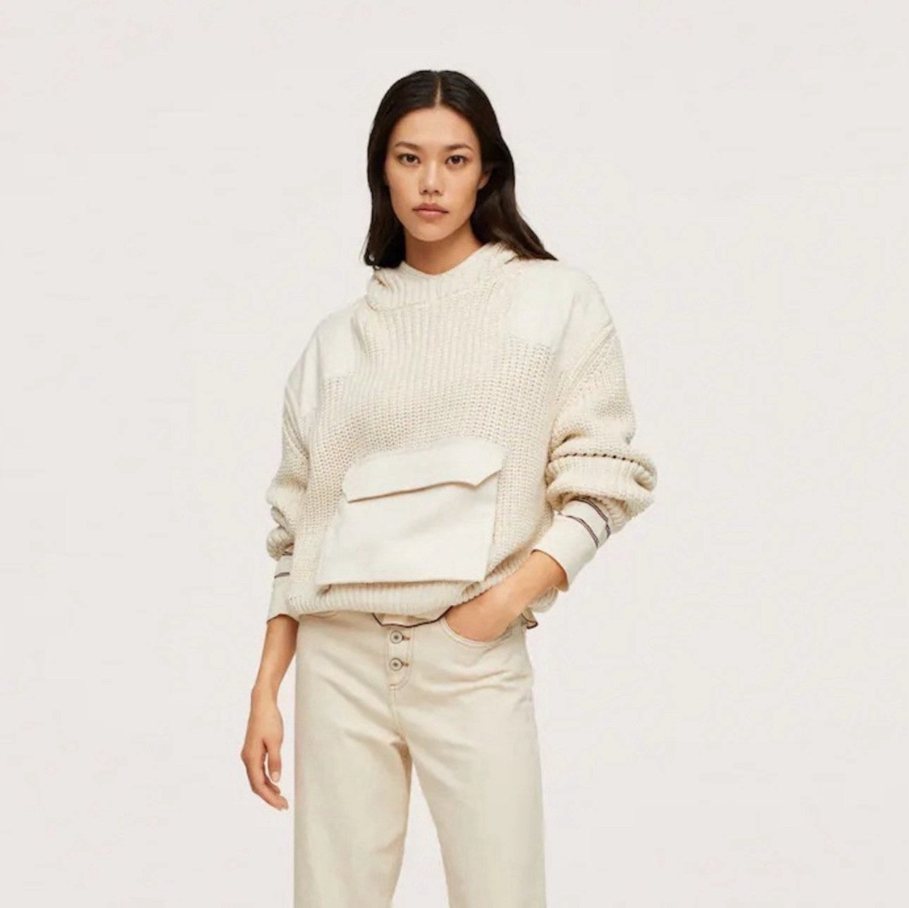 Mango Women’s XS Cropped Hooded Cable Knit Patchwork Sweater Cream Front Pocket