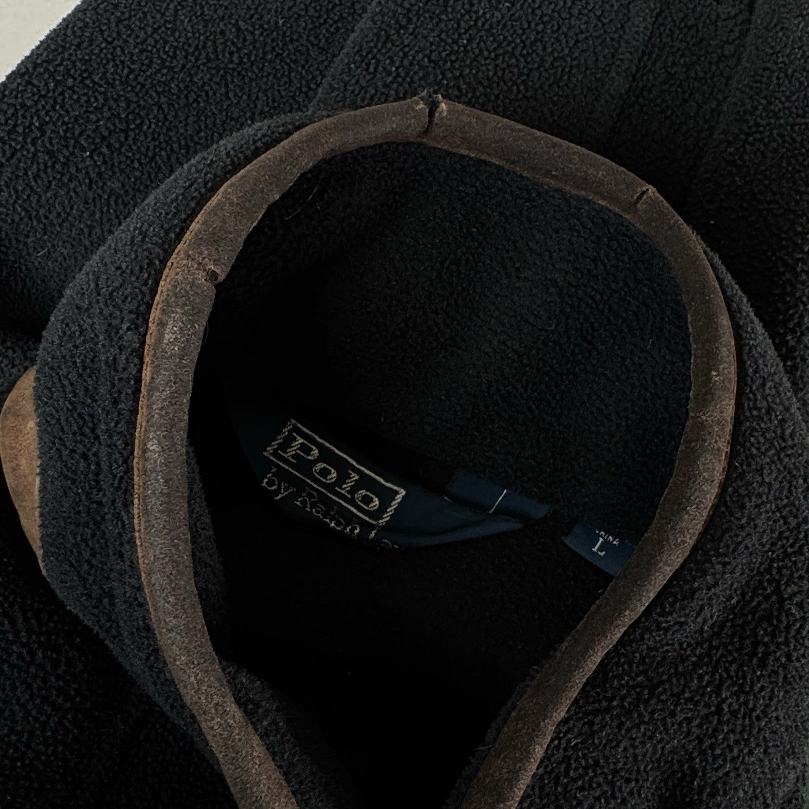Vintage Polo Ralph Lauren Fleece Leather Trim Men’s Black L Jacket Distressed*