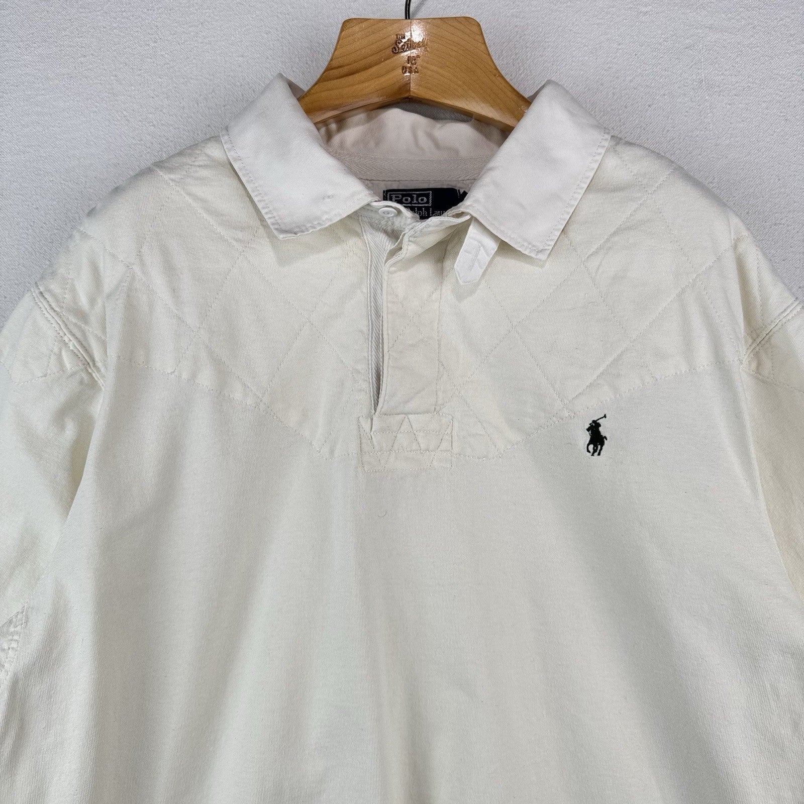 90s Vtg Polo Ralph Lauren Rugby Shirt 2XB Padded Shoulders/Elbows White *Read