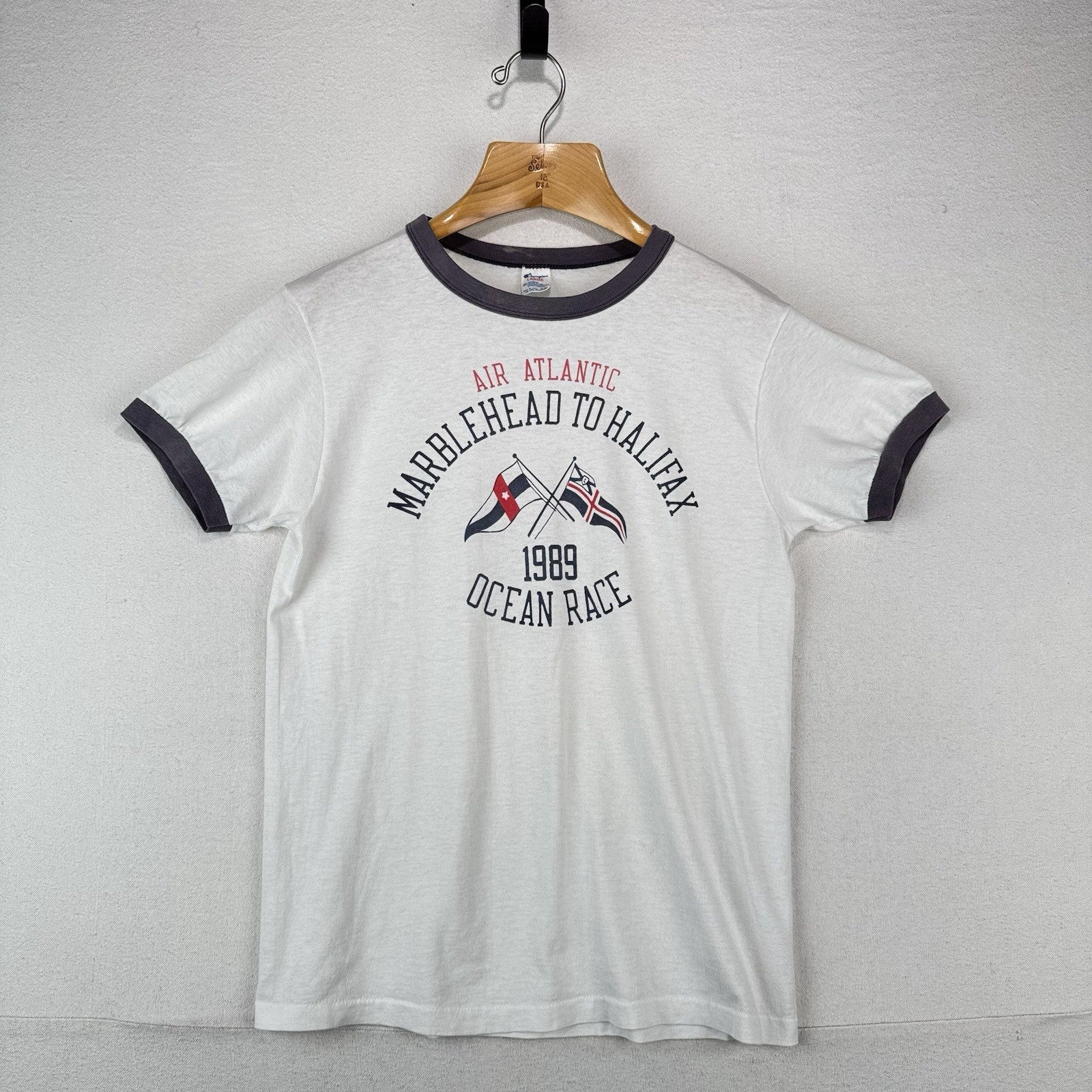 80’s Vtg Champion 1989 Marblehead To Halifax Ocean Race Ringer Tee White Large