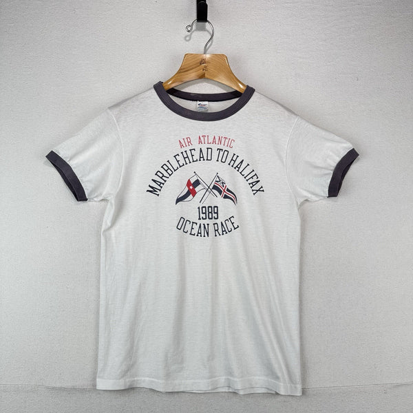 80’s Vtg Champion 1989 Marblehead To Halifax Ocean Race Ringer Tee White Large