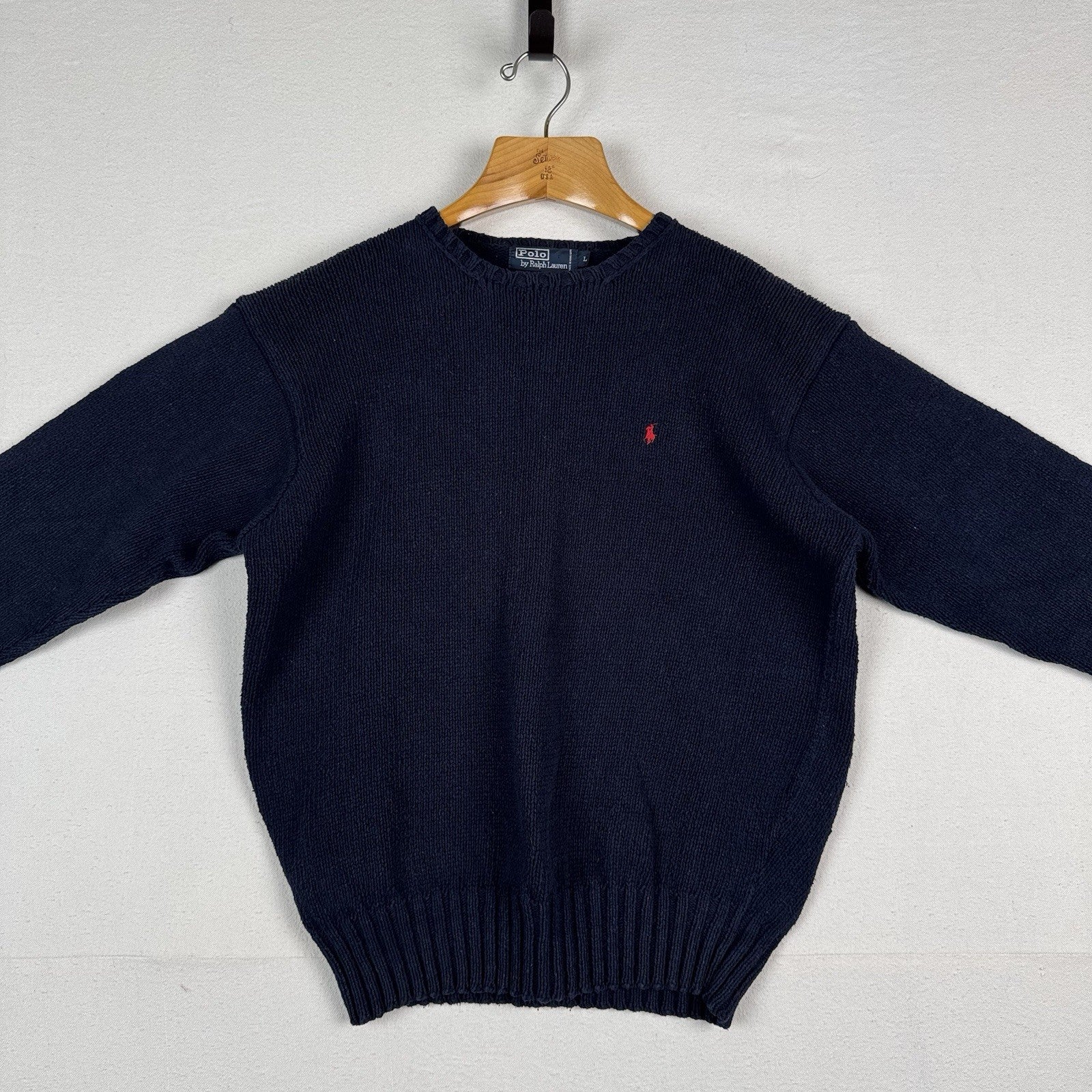 90’s Vintage Polo Ralph Lauren Sweater Men L Navy Blue Knit Pullover Red Logo