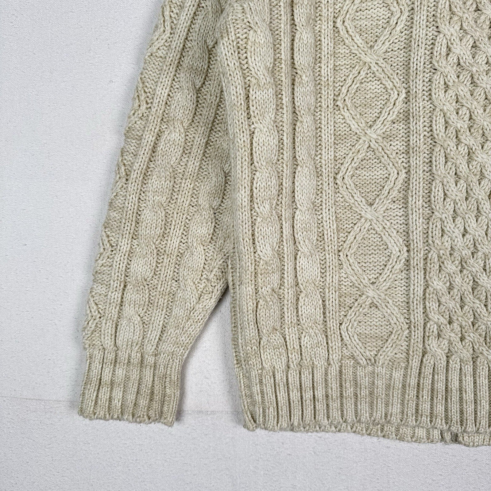 Vintage Thane Men’s Fisherman Cable Knit Cardigan Sweater Acrylic Cream Medium