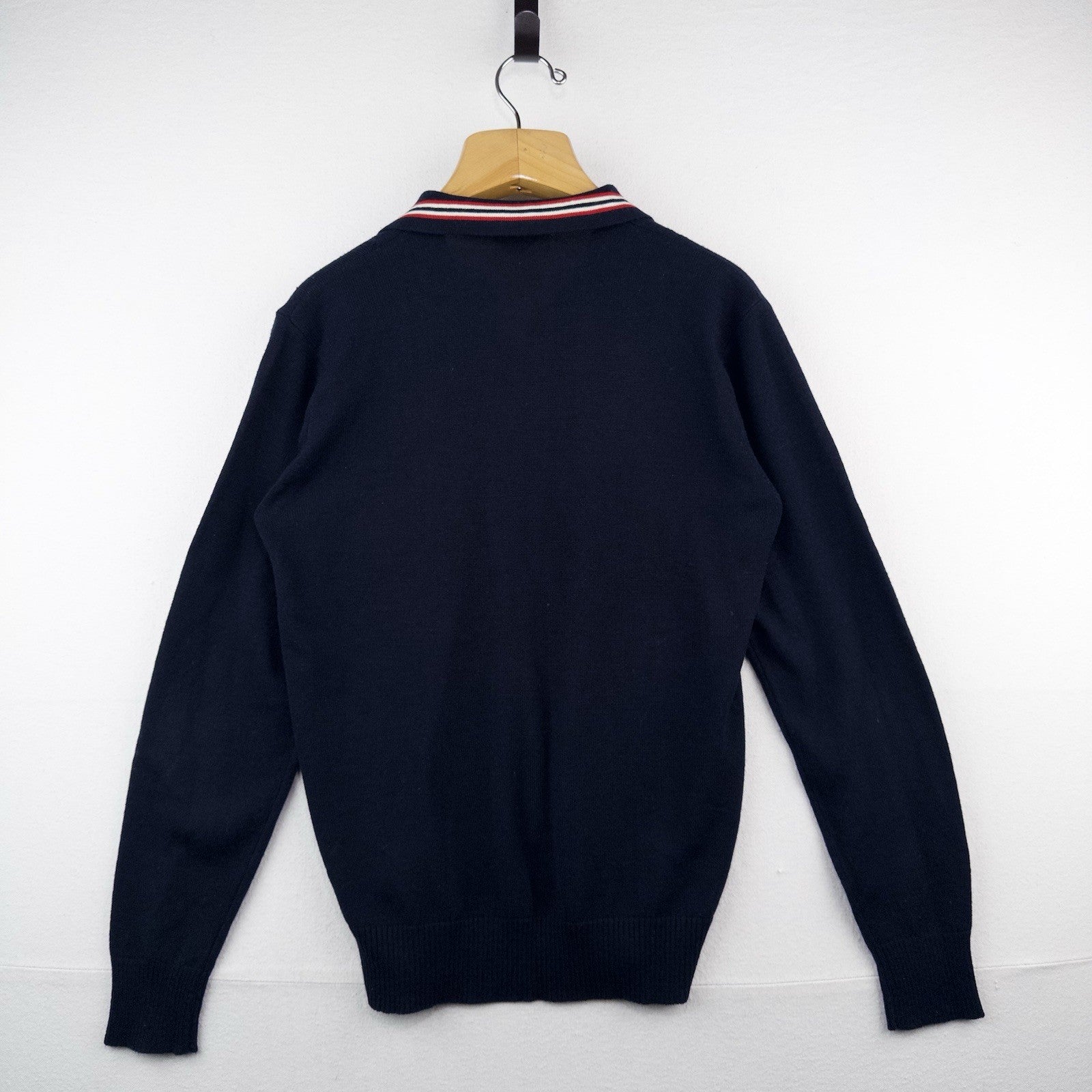 70’s Vtg Long Sleeve Knit Polo Sweater Ribbed Johnny Collar Navy Blue Men’s L