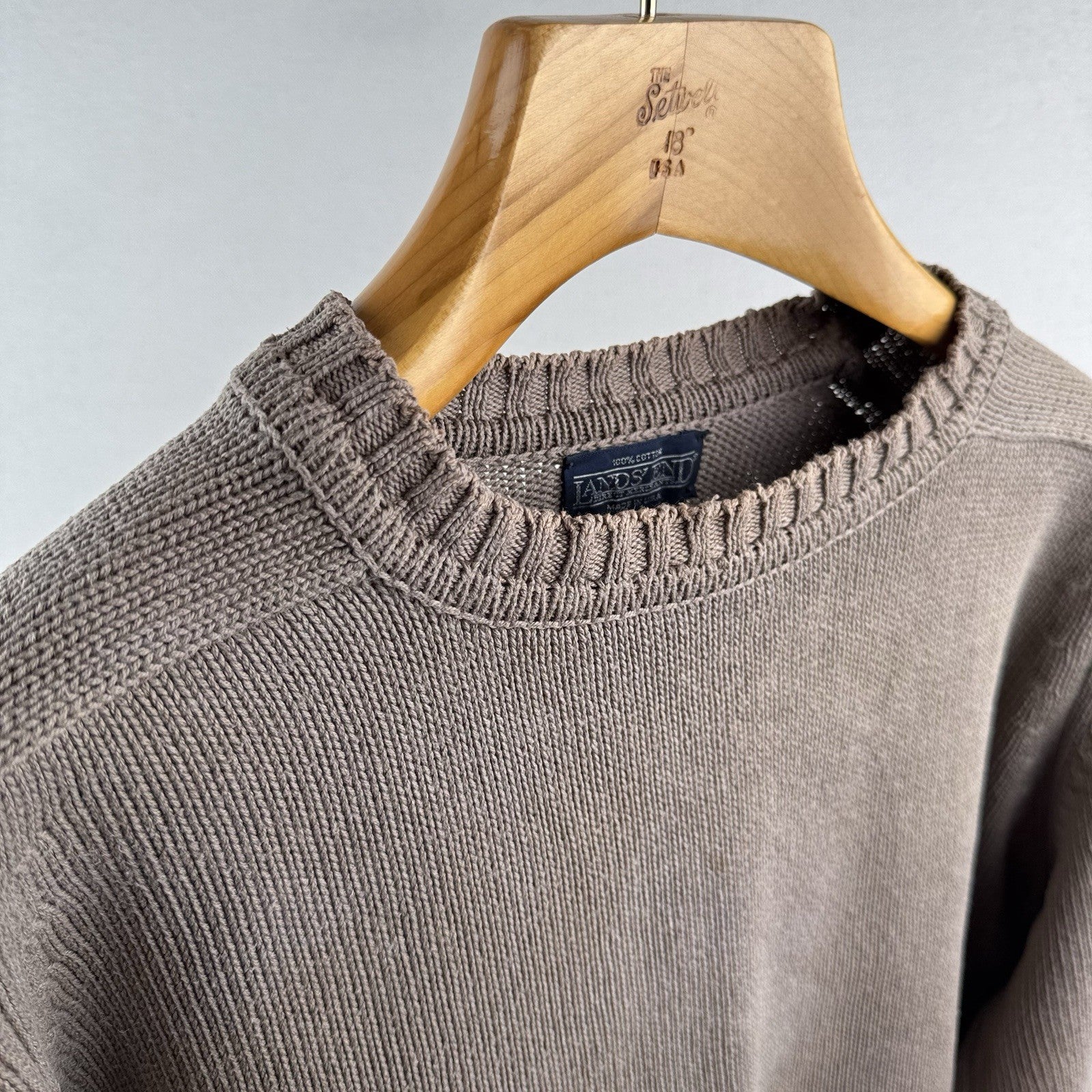 90’s Vtg Land's End Sweater Men L Tall Gray Tan Crew Chunky Knit Cotton Made USA