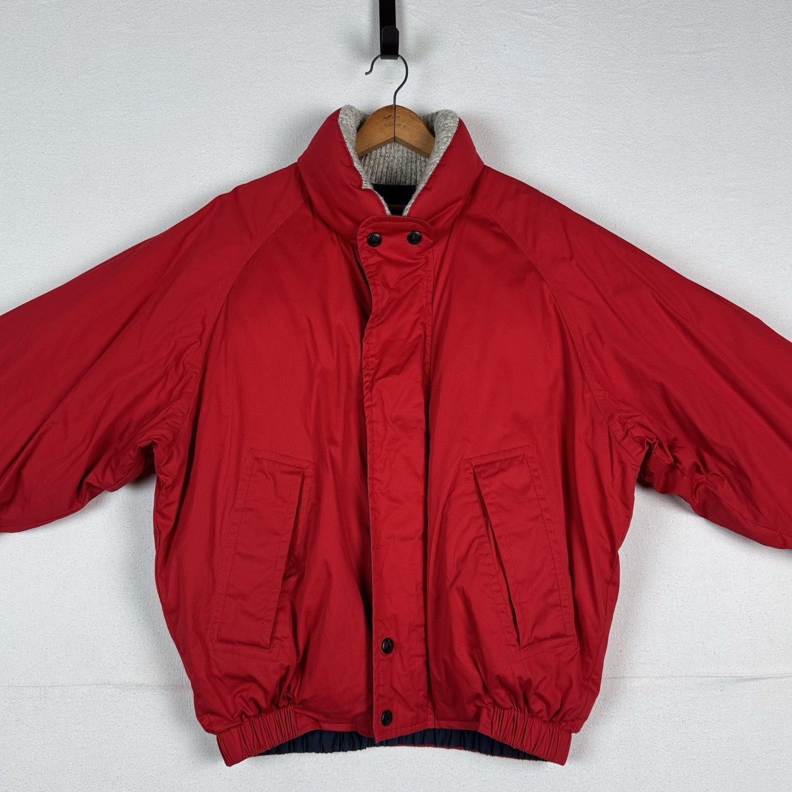 90s Nautica Mens XL Down Puffer Bomber Jacket Leather Patches Red Sweater Collar