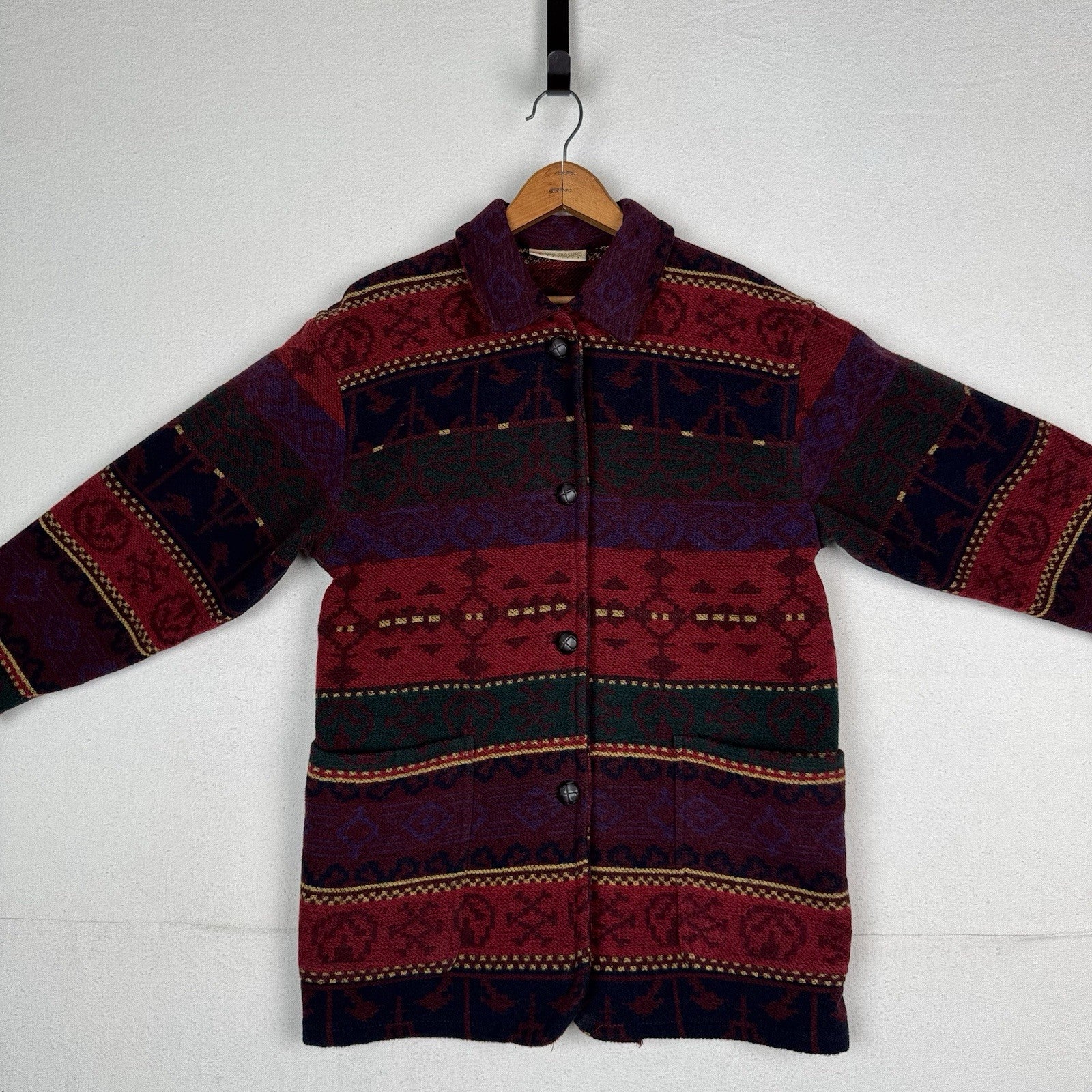 Vintage Wool Aztec Jacket Women Medium Petite Red Southwestern Navajo Barn 90s
