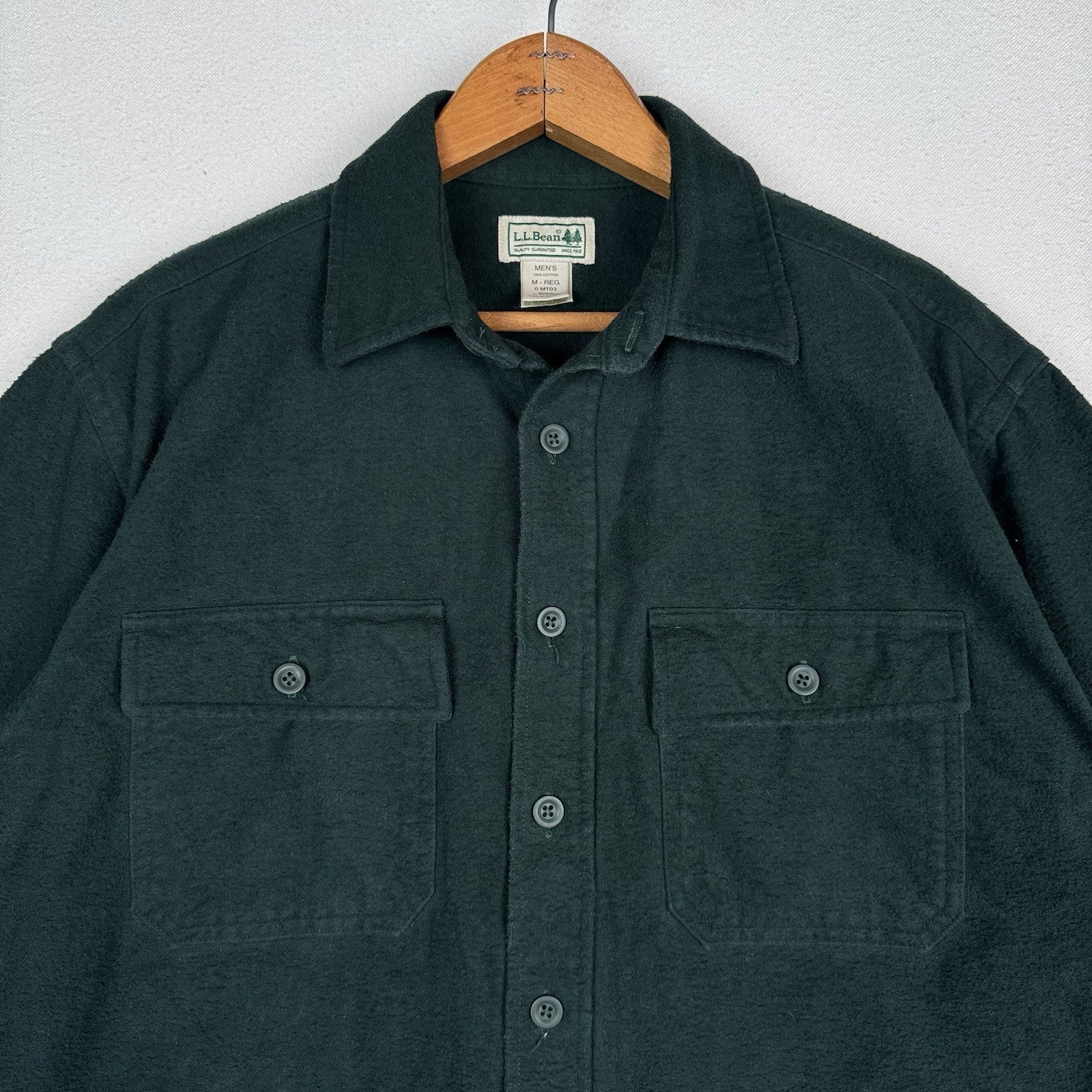 LL Bean Flannel Shirt Mens Green Medium Chamois Button Up Outdoor Heavyweight