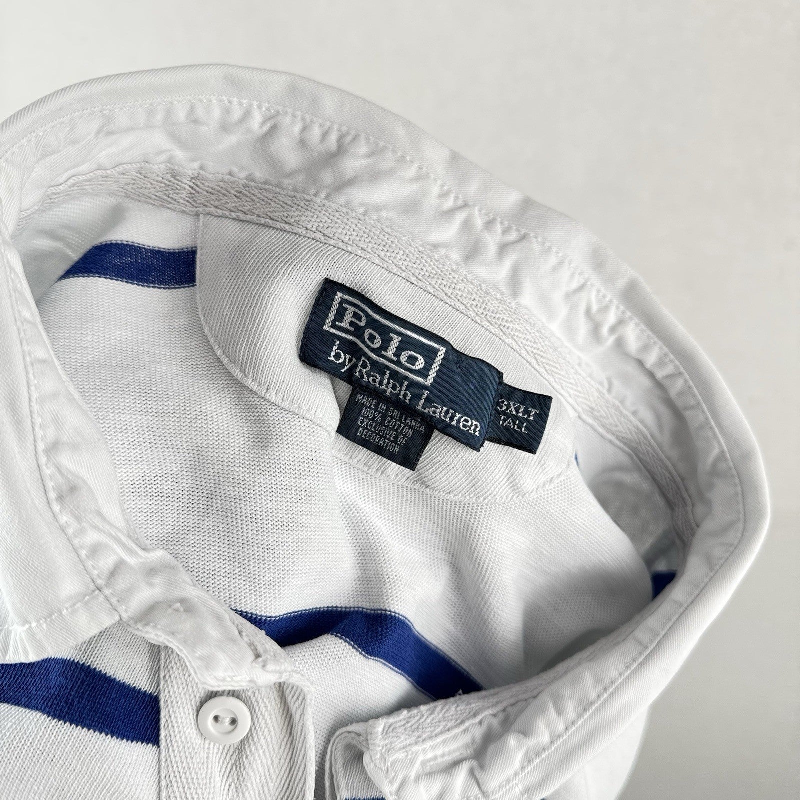 90’s Vtg Polo Ralph Lauren Rugby Shirt Mens 3XLT White Blue Stripe Lightweight