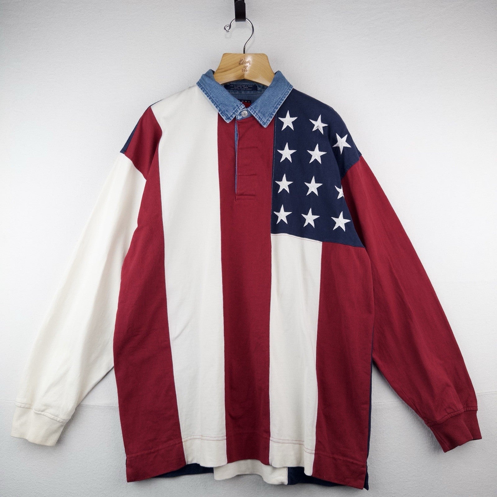 90s Vtg Tommy Hilfiger Rugby Polo Shirt Stars Stripes USA American Flag XL