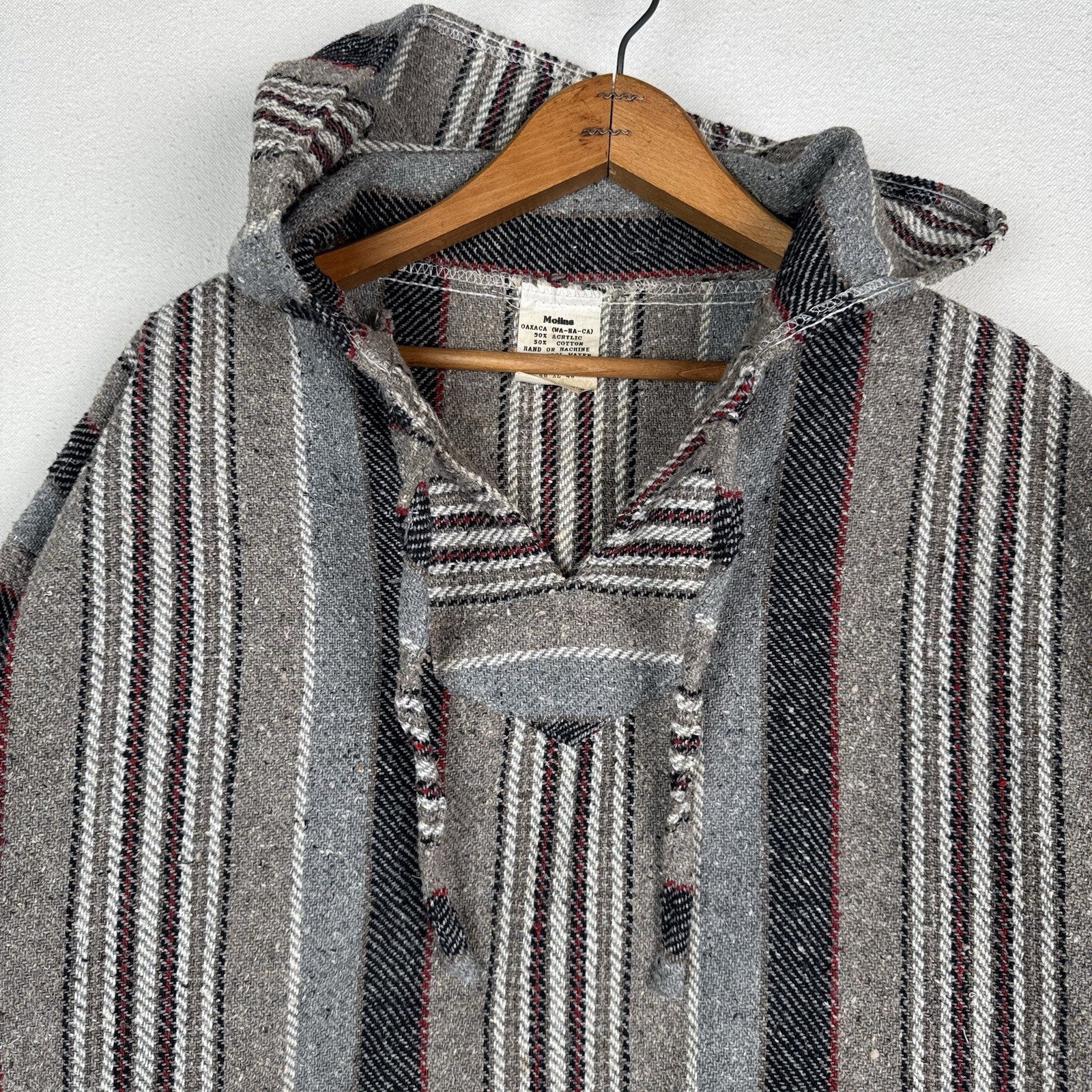 Vintage Baja Mexican Woven Blanket Hoodie Pullover Jacket Blue Gray Red XL Boho